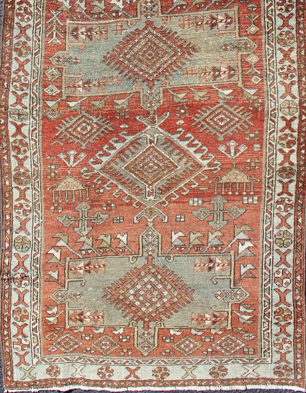 Sub - geometric Medallion design Persian Heriz antique runner in red and gray - blue tones, rug gng - 4750, country of origin / type: Iran / Heriz, circa 1920 This antique Persian Heriz runner, from northwest Iran, displays a geometric medallion desig... - Keivan Woven ArtsGNG - 4750 - 9918Rug