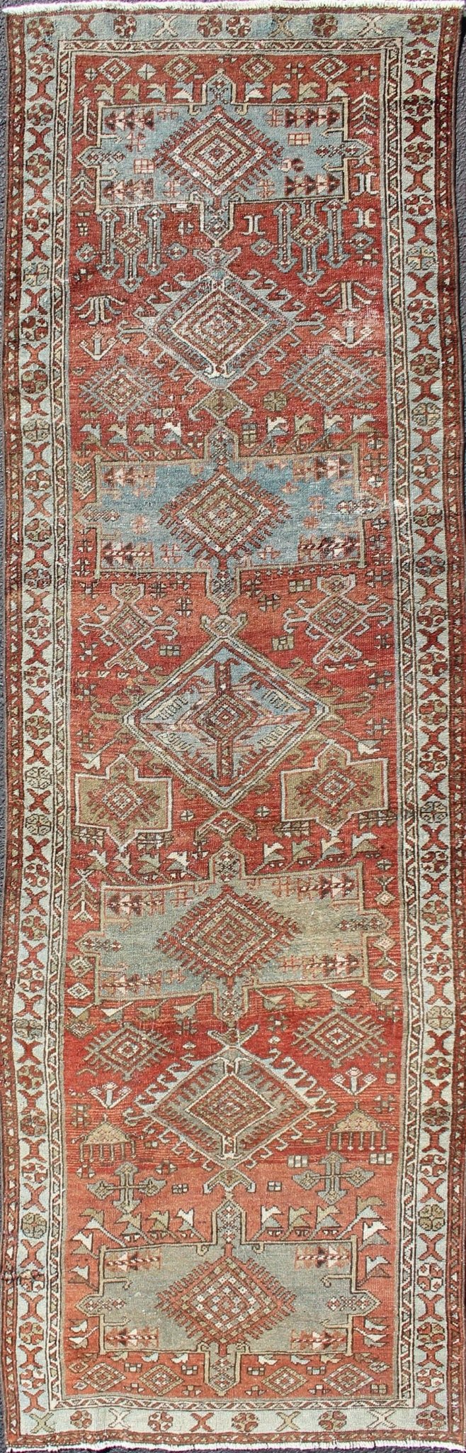 Sub - geometric Medallion design Persian Heriz antique runner in red and gray - blue tones, rug gng - 4750, country of origin / type: Iran / Heriz, circa 1920 This antique Persian Heriz runner, from northwest Iran, displays a geometric medallion desig... - Keivan Woven ArtsGNG - 4750 - 9918Rug