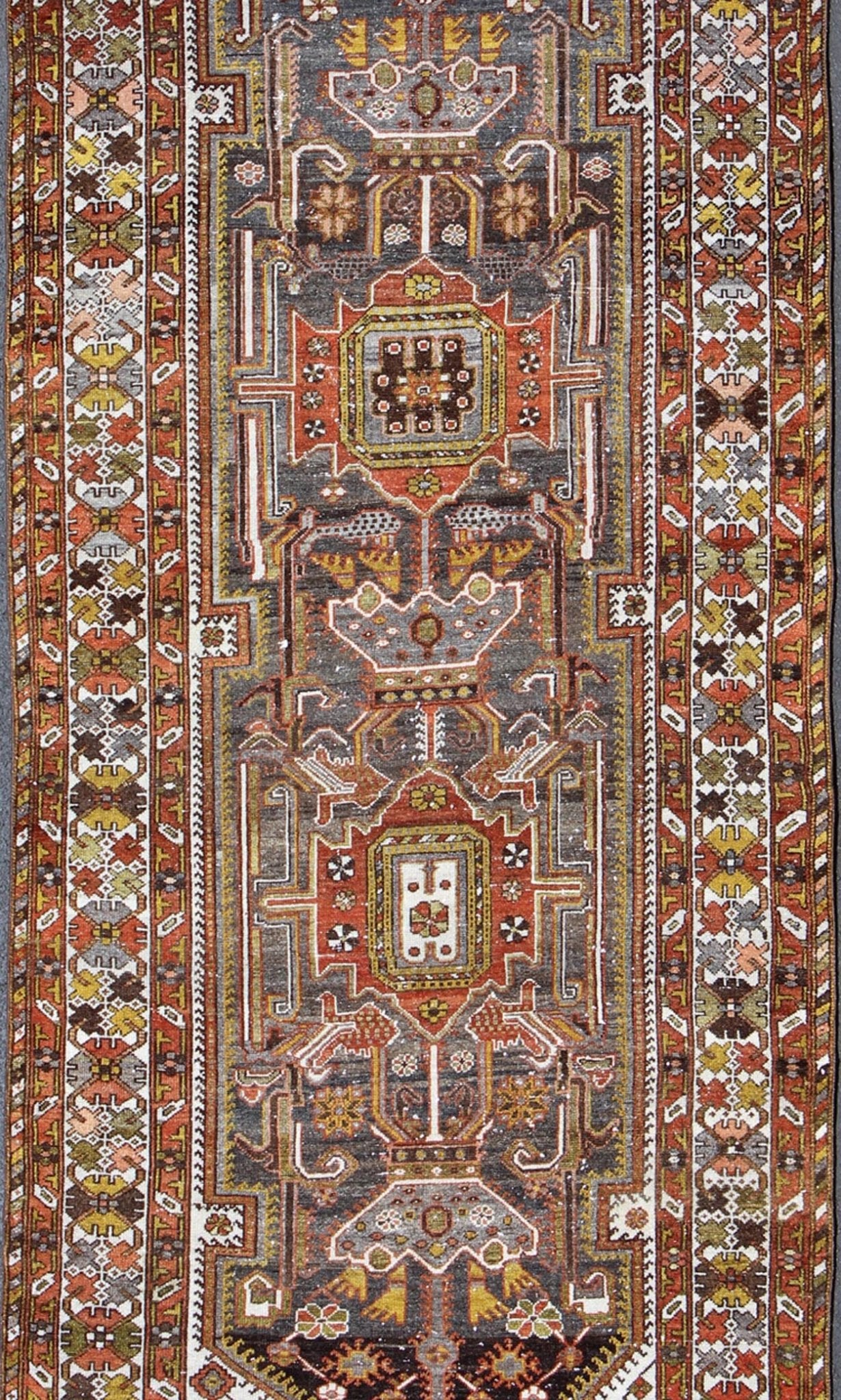 Geometric Medallion Design Vintage Persian Bakhtiari Runner in Orange, Olive, Brown, Ivory, and Gray, rug gng - 4753, country of origin / type: Iran / Bakhtiari, circa 1930 Persian Bakhtiari rugs are in fact tribal pieces that rely upon a repertoi... - Keivan Woven ArtsGNG - 4753 - 9926Rug