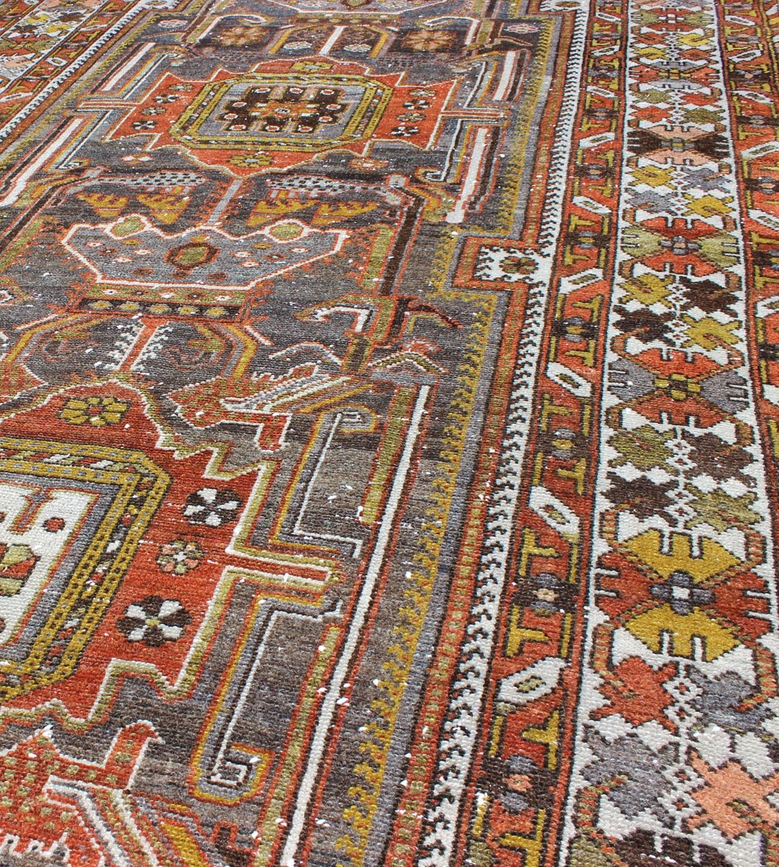 Geometric Medallion Design Vintage Persian Bakhtiari Runner in Orange, Olive, Brown, Ivory, and Gray, rug gng - 4753, country of origin / type: Iran / Bakhtiari, circa 1930 Persian Bakhtiari rugs are in fact tribal pieces that rely upon a repertoi... - Keivan Woven ArtsGNG - 4753 - 9926Rug