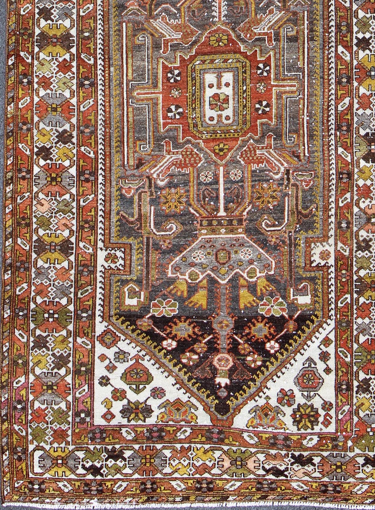 Geometric Medallion Design Vintage Persian Bakhtiari Runner in Orange, Olive, Brown, Ivory, and Gray, rug gng - 4753, country of origin / type: Iran / Bakhtiari, circa 1930 Persian Bakhtiari rugs are in fact tribal pieces that rely upon a repertoi... - Keivan Woven ArtsGNG - 4753 - 9926Rug