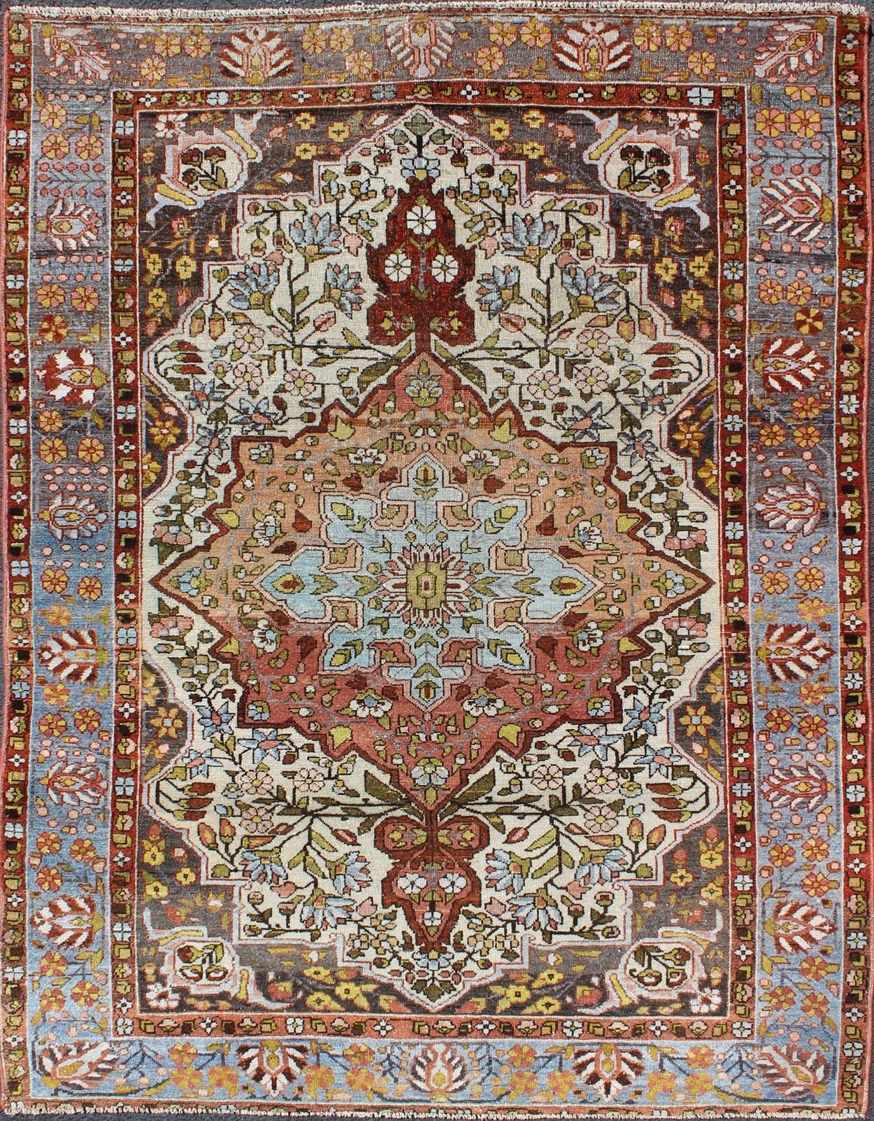 Multi - Colored and Ivory Antique Persian Bakhtiari Rug with Floral Medallion kwarugs Multi - colors, burnt orange and ivory antique Persian Bakhtiari rug with floral medallion, rug gng - 4757, country of origin / type: Iran / Bakhtiari, circa 1930s. ... - Keivan Woven ArtsGNG - 4757 - 9934Rug