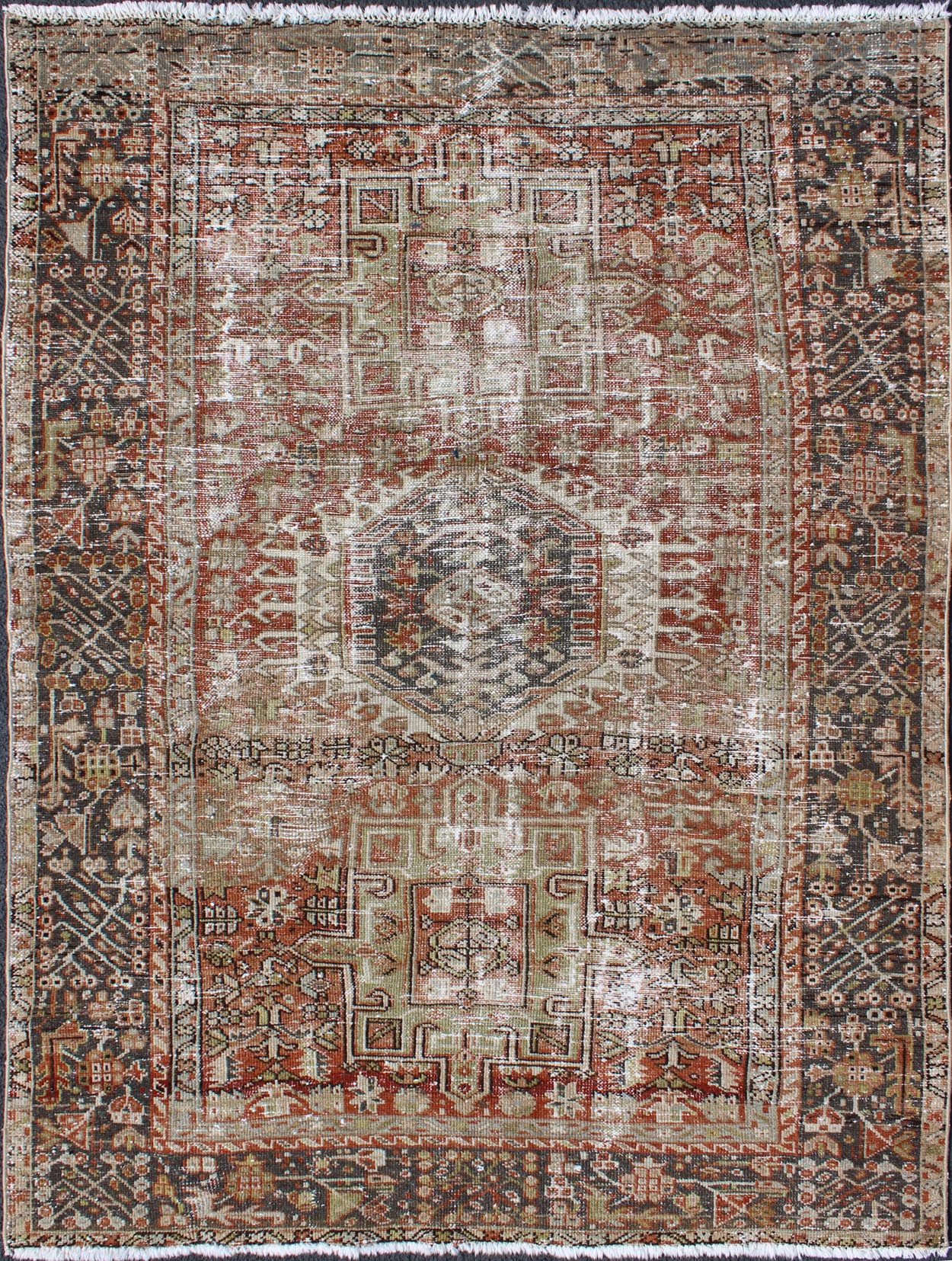 Vintage Persian Karadjeh rug with three medallion geometric tribal design, rug gng - 4766, country of origin / type: Iran / Karadjeh, circa 1930 This early 20th century, handwoven antique Persian Karadjeh rug features a red - colored field imbued wi... - Keivan Woven ArtsGNG - 4766 - 9946Rug