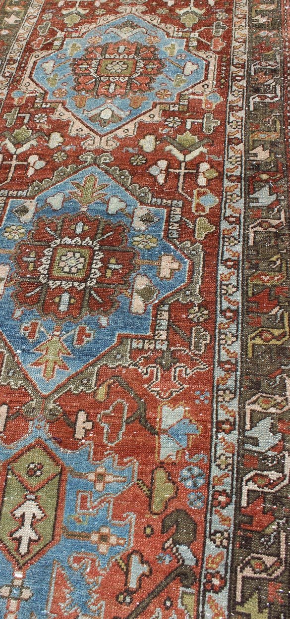 Antique Persian Heriz Runner with Geometric Medallion Design in Red, Olive, Blue Sub - Geometric Medallion Design Persian Heriz Antique Runner in Olive, Red, Blue Tones, rug gng - 4767, country of origin / type: Iran / Heriz, circa 1920 This... - Keivan Woven ArtsGNG - 4767 - 9950Rug