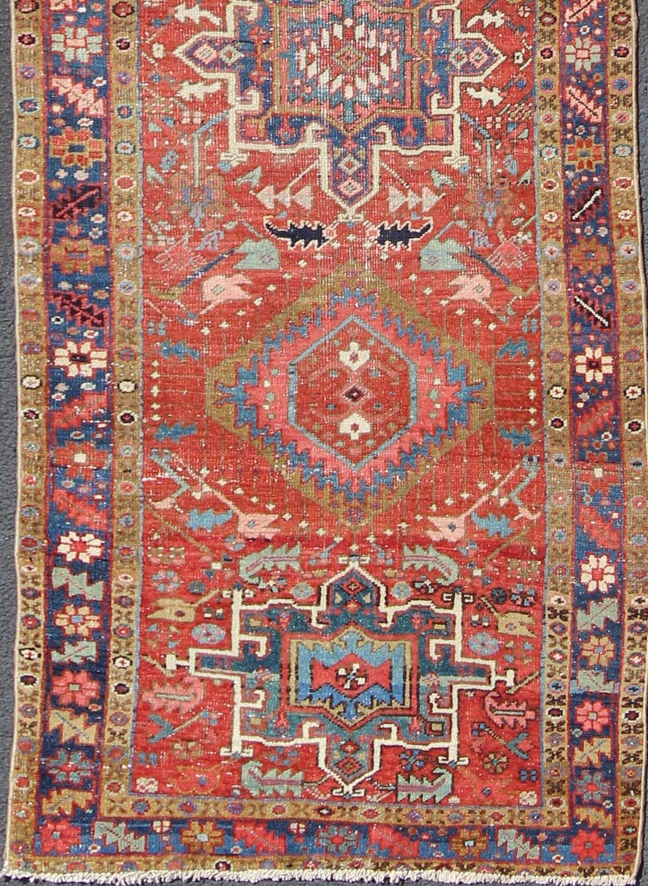 Sub - Geometric Medallion Antique Persian Heriz Runner in Red and Blue Heriz Persian antique rug with sub - geometric motifs and six medallions in colorful Tones, Keivan Woven Arts / rug gng - 4770, country of origin / type: Iran / Heriz, circa 1920 ... - Keivan Woven ArtsGNG - 4770 - 9954Rug