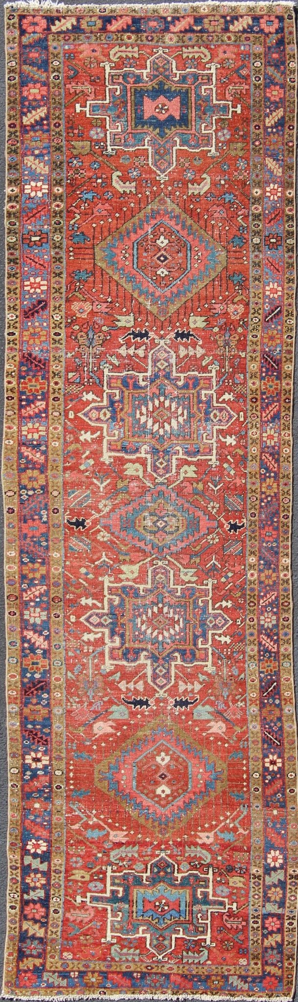 Sub - Geometric Medallion Antique Persian Heriz Runner in Red and Blue Heriz Persian antique rug with sub - geometric motifs and six medallions in colorful Tones, Keivan Woven Arts / rug gng - 4770, country of origin / type: Iran / Heriz, circa 1920 ... - Keivan Woven ArtsGNG - 4770 - 9954Rug