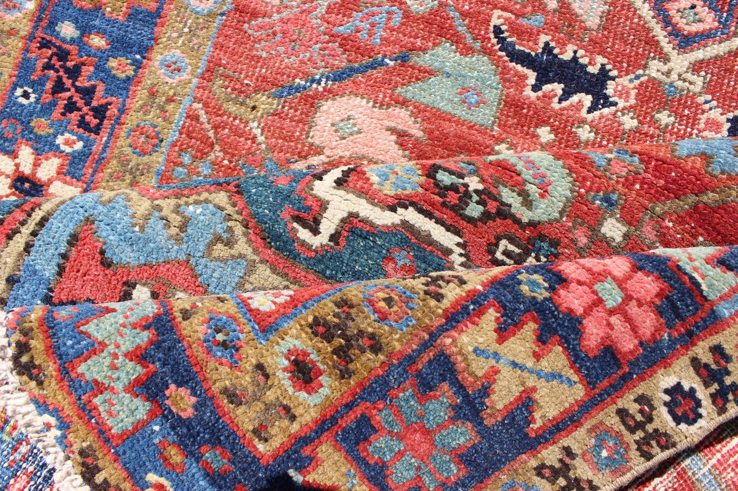 Sub - Geometric Medallion Antique Persian Heriz Runner in Red and Blue Heriz Persian antique rug with sub - geometric motifs and six medallions in colorful Tones, Keivan Woven Arts / rug gng - 4770, country of origin / type: Iran / Heriz, circa 1920 ... - Keivan Woven ArtsGNG - 4770 - 9954Rug