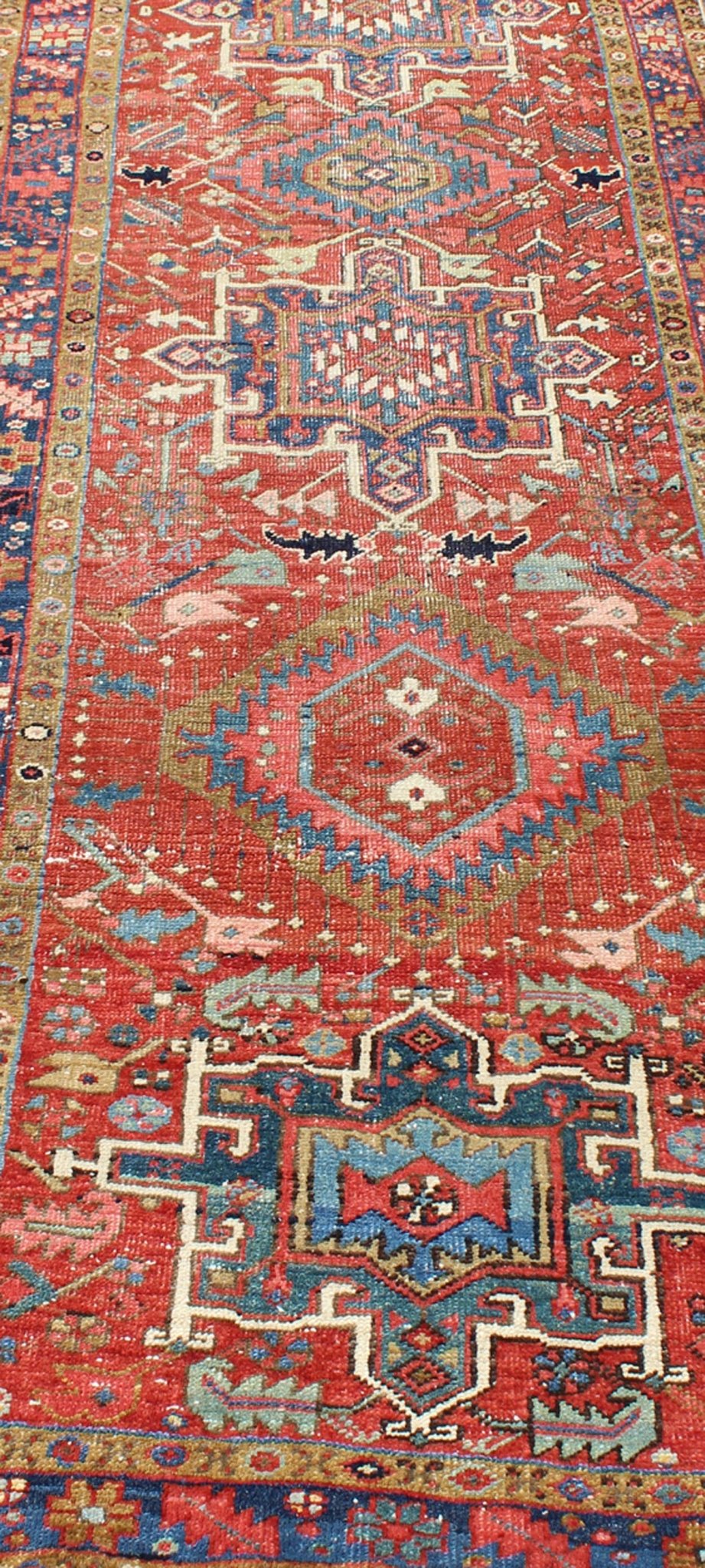 Sub - Geometric Medallion Antique Persian Heriz Runner in Red and Blue Heriz Persian antique rug with sub - geometric motifs and six medallions in colorful Tones, Keivan Woven Arts / rug gng - 4770, country of origin / type: Iran / Heriz, circa 1920 ... - Keivan Woven ArtsGNG - 4770 - 9954Rug