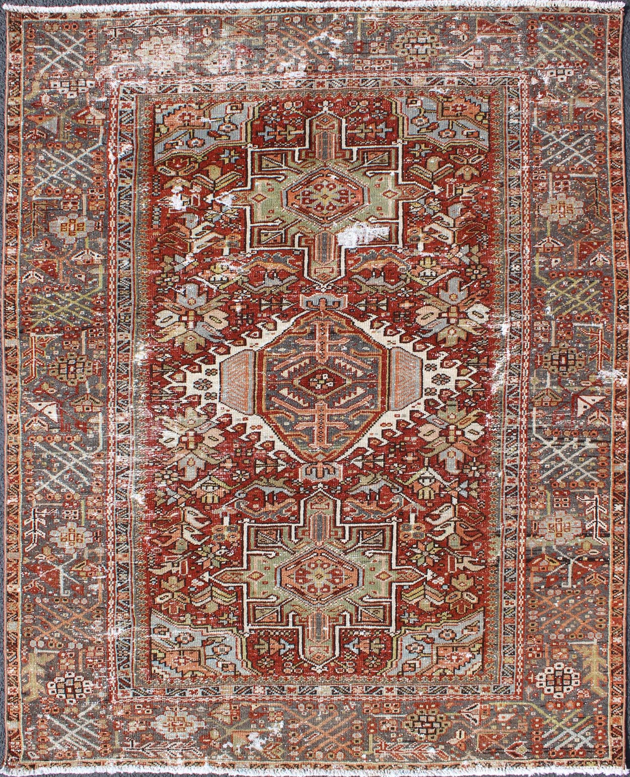Keivan Woven Arts, Gng - 4771, 1920s Distressed Heriz Tribal. Antique Persian distressed Heriz rug with three medallion Geometric Tribal design, rug GNG - 4771, country of origin / type: Iran / Heriz, circa 1920. This early 20th century, handwoven a... - Keivan Woven ArtsGNG - 4771 - 9960Rug