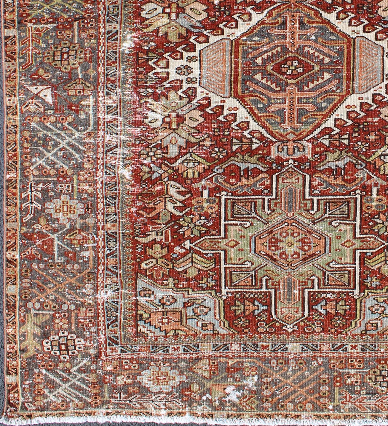 Keivan Woven Arts, Gng - 4771, 1920s Distressed Heriz Tribal. Antique Persian distressed Heriz rug with three medallion Geometric Tribal design, rug GNG - 4771, country of origin / type: Iran / Heriz, circa 1920. This early 20th century, handwoven a... - Keivan Woven ArtsGNG - 4771 - 9960Rug