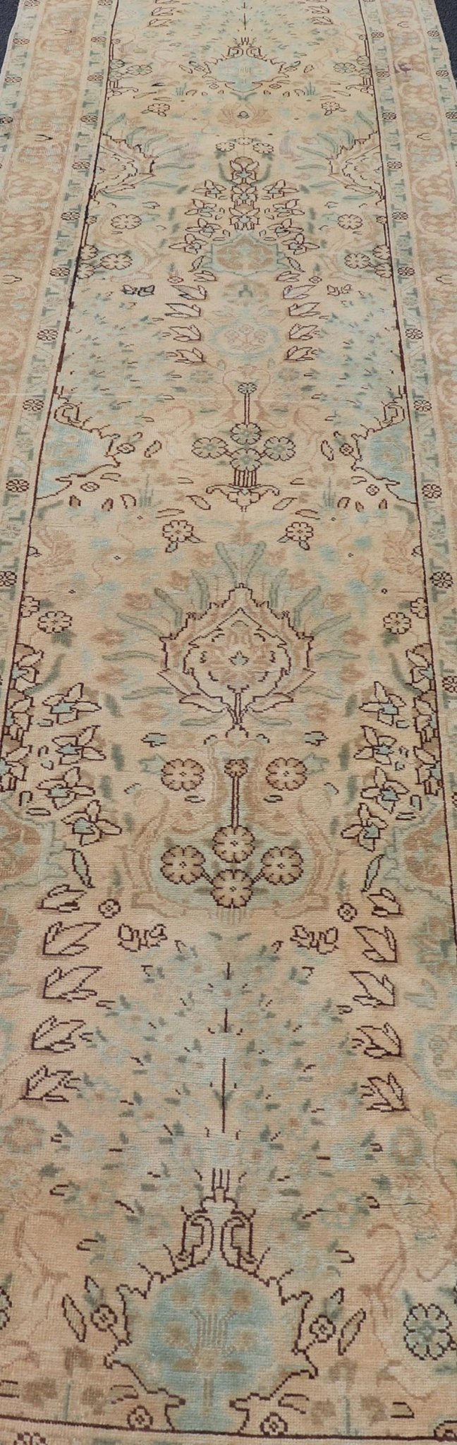 Vintage Persian Tabriz Long Runner in Taupe, Tan, Light Brown and D. Blue. Floral design vintage Persian Tabriz long runner in neutral tones of taupe, tan, brown, taupe, gray, light blue and dark blue. rug H - 102 - 13, country of origin / type: Ira... - Keivan Woven ArtsH - 102 - 13 - 1758Rug