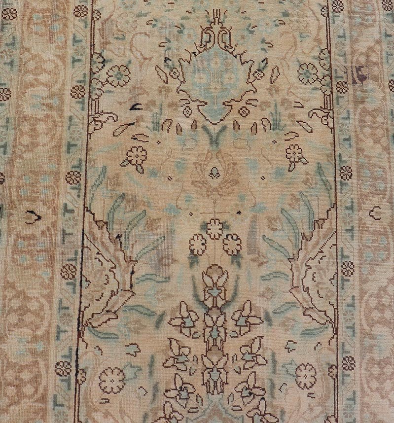 Vintage Persian Tabriz Long Runner in Taupe, Tan, Light Brown and D. Blue. Floral design vintage Persian Tabriz long runner in neutral tones of taupe, tan, brown, taupe, gray, light blue and dark blue. rug H - 102 - 13, country of origin / type: Ira... - Keivan Woven ArtsH - 102 - 13 - 1758Rug