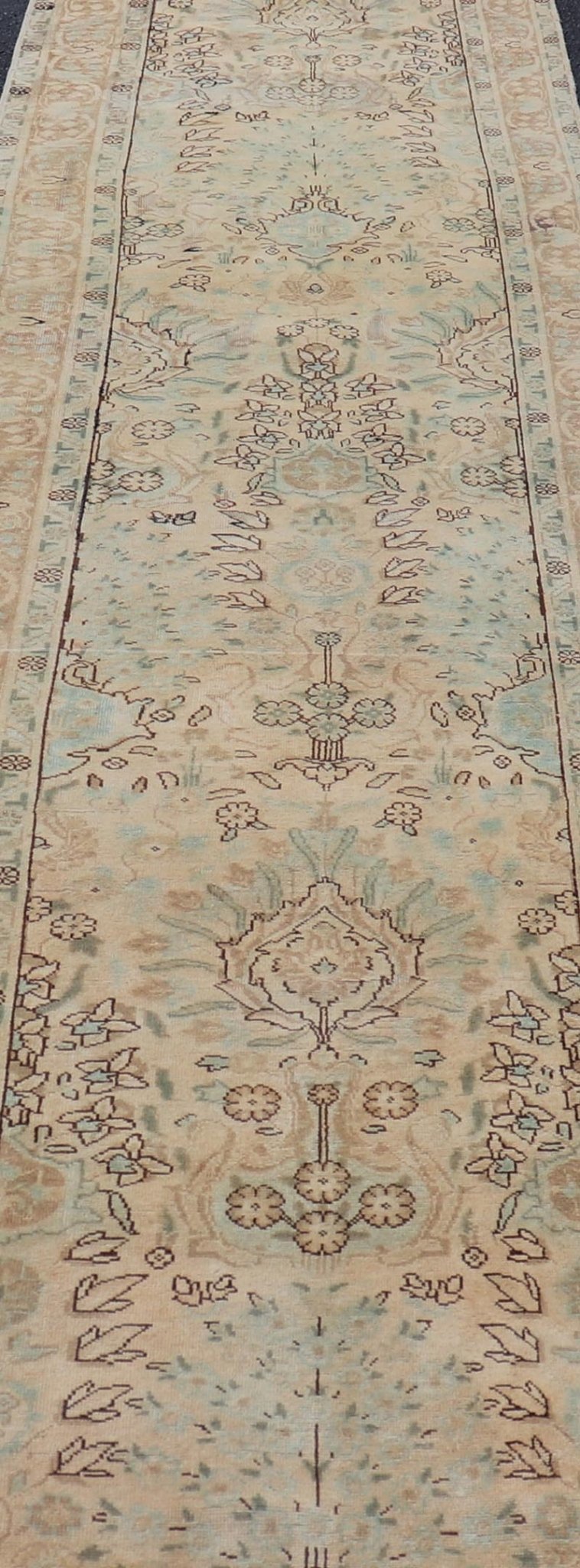 Vintage Persian Tabriz Long Runner in Taupe, Tan, Light Brown and D. Blue. Floral design vintage Persian Tabriz long runner in neutral tones of taupe, tan, brown, taupe, gray, light blue and dark blue. rug H - 102 - 13, country of origin / type: Ira... - Keivan Woven ArtsH - 102 - 13 - 1758Rug