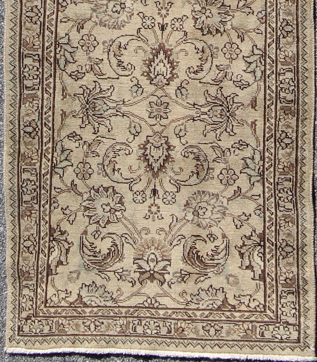 Keivan Woven Arts, H - 102 - 15, 1950's Vintage Tabriz Floral Runner with Brown and beige, natural colored. vintage Persian Tabriz runner with all - over floral design, rug h - 102 - 15, country of origin/ type: Iran / Tabriz, circa 1950 This Persian runn... - Keivan Woven ArtsH - 102 - 15 - 1768Rug