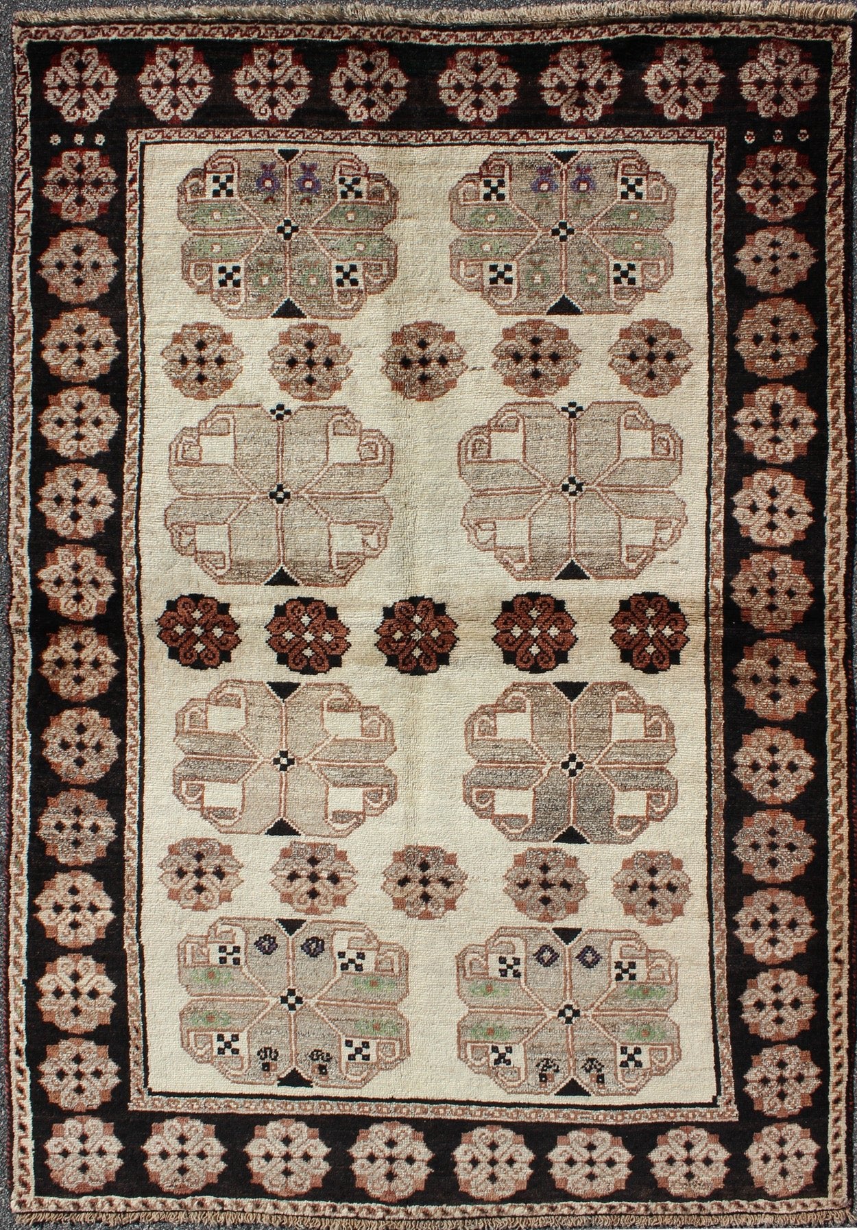 Persian Gabbeh Vintage Rug With Blossom Medallions in Brown, Ivory, Taupe, Green and Black 1950s Persian Gabbeh vintage kwarugs h - 1205 - 04, country of origin / type: Iran / Gabbeh, circa 1950 This high - pile mid - 20th century vintage Persian Gabbeh... - Keivan Woven ArtsH - 1205 - 04 - 4138Rug