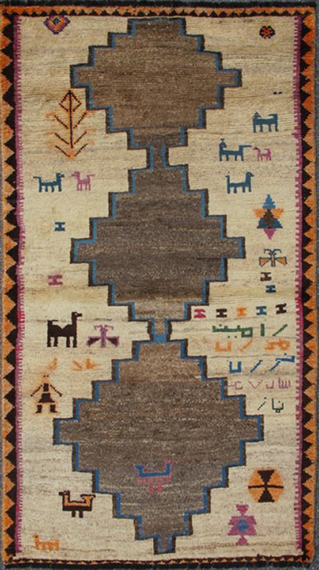 Persian Vintage Unique Gabbeh Rug With Tribal Design of Medallions and Tribal Figures Keivan Woven Arts - Persian Gabbeh vintage rug with medallions in brown, cream, red and green, rug H - 1205 - 05, country of origin / type: Iran / Gabbeh, circa 1950... - Keivan Woven ArtsH - 1205 - 05 - 4142Rug