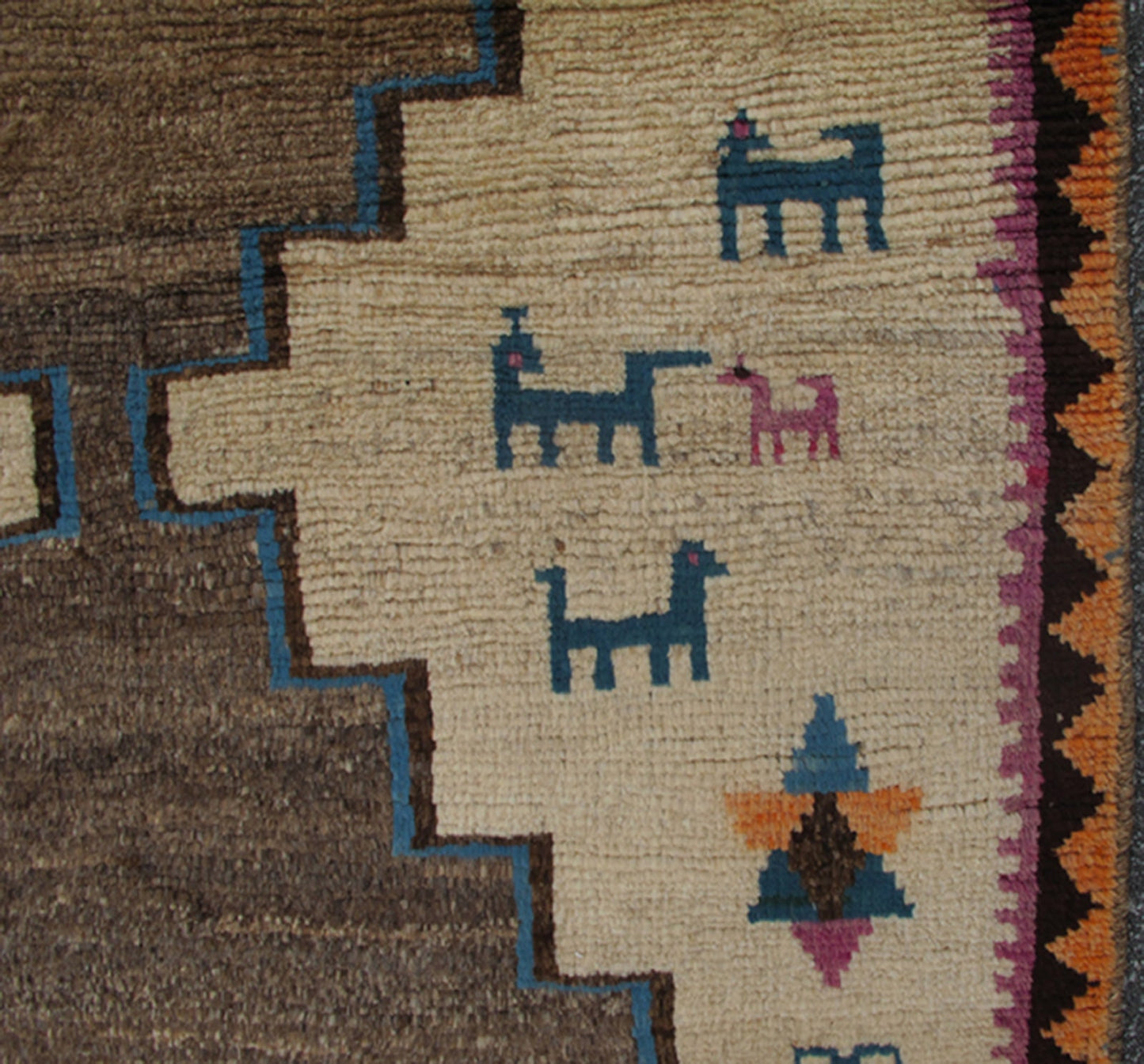 Persian Vintage Unique Gabbeh Rug With Tribal Design of Medallions and Tribal Figures Keivan Woven Arts - Persian Gabbeh vintage rug with medallions in brown, cream, red and green, rug H - 1205 - 05, country of origin / type: Iran / Gabbeh, circa 1950... - Keivan Woven ArtsH - 1205 - 05 - 4142Rug