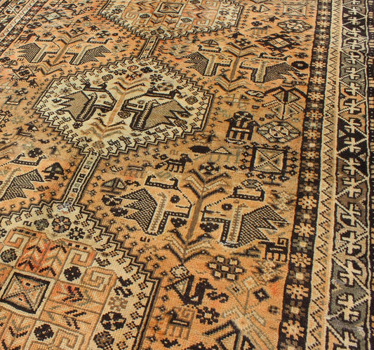 Brown Peach Vintage Persian Shiraz Rug with Vertical Sub - Geometric Medallions Peach, Brown, Taupe Vintage Persian Shiraz rug with Vertical Sub - Geometric Medallions, Keivan Woven Arts / rug H - 1211 - 56, country of origin / type: Iran / Shiraz, circ... - Keivan Woven ArtsH - 1211 - 56 - 3786