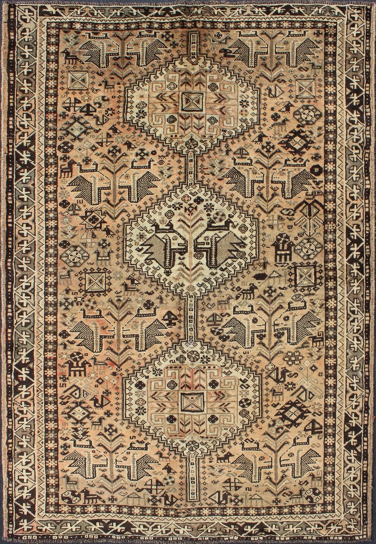 Brown Peach Vintage Persian Shiraz Rug with Vertical Sub - Geometric Medallions Peach, Brown, Taupe Vintage Persian Shiraz rug with Vertical Sub - Geometric Medallions, Keivan Woven Arts / rug H - 1211 - 56, country of origin / type: Iran / Shiraz, circ... - Keivan Woven ArtsH - 1211 - 56 - 3786Rug