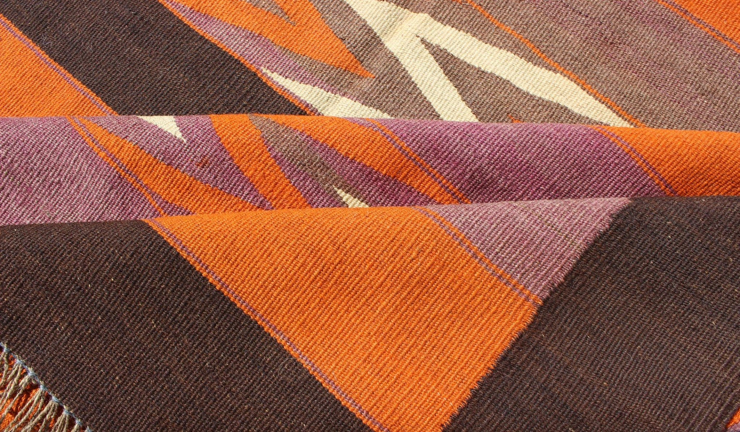 Keivan Woven Arts, H - 1306 - 23, Long Vintage Kilim wide Runner with a Modern Design. This large Gallery vintage Persian Kilim runner in orange, brown, gray - purple, rug h - 1306 - 23, country of origin / type: Iran / Kilim, circa 1960. Featuring a repeatin... - Keivan Woven ArtsH - 1306 - 23 - 4268Rug