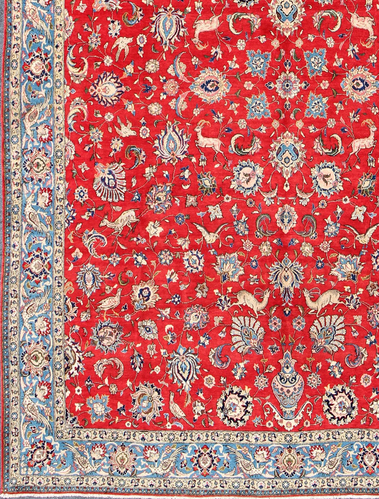 Vintage fine Persian Isfahan rug with all - over floral design, red background and Blue Border, rug h - 404 - 05, country of origin / type: Iran / Isfahan, circa 1950. This outstanding midcentury Persian Isfahan carpet is primarily characterized by it... - Keivan Woven ArtsH - 404 - 05 - 2171Rug