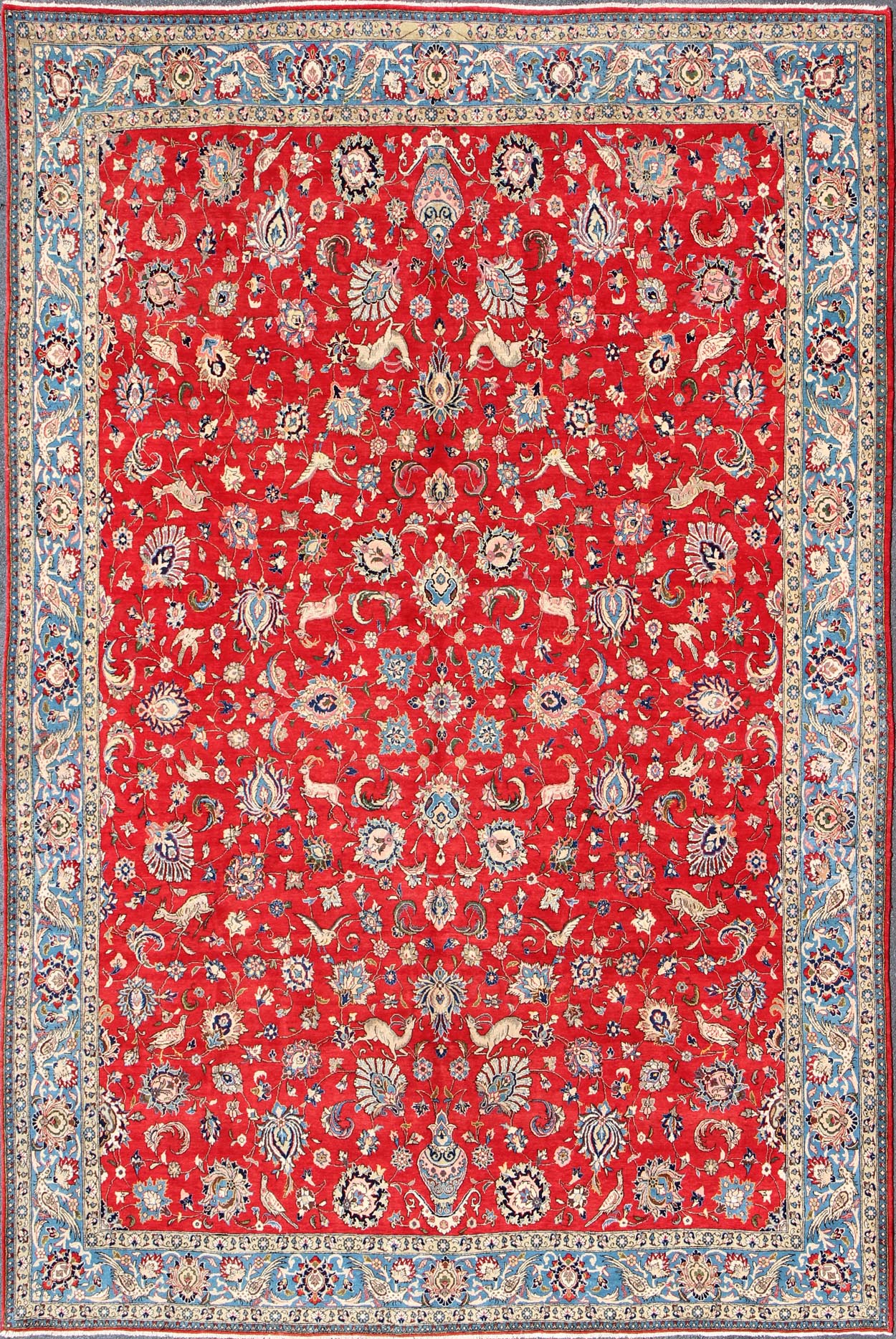 Vintage fine Persian Isfahan rug with all - over floral design, red background and Blue Border, rug h - 404 - 05, country of origin / type: Iran / Isfahan, circa 1950. This outstanding midcentury Persian Isfahan carpet is primarily characterized by it... - Keivan Woven ArtsH - 404 - 05 - 2171Rug