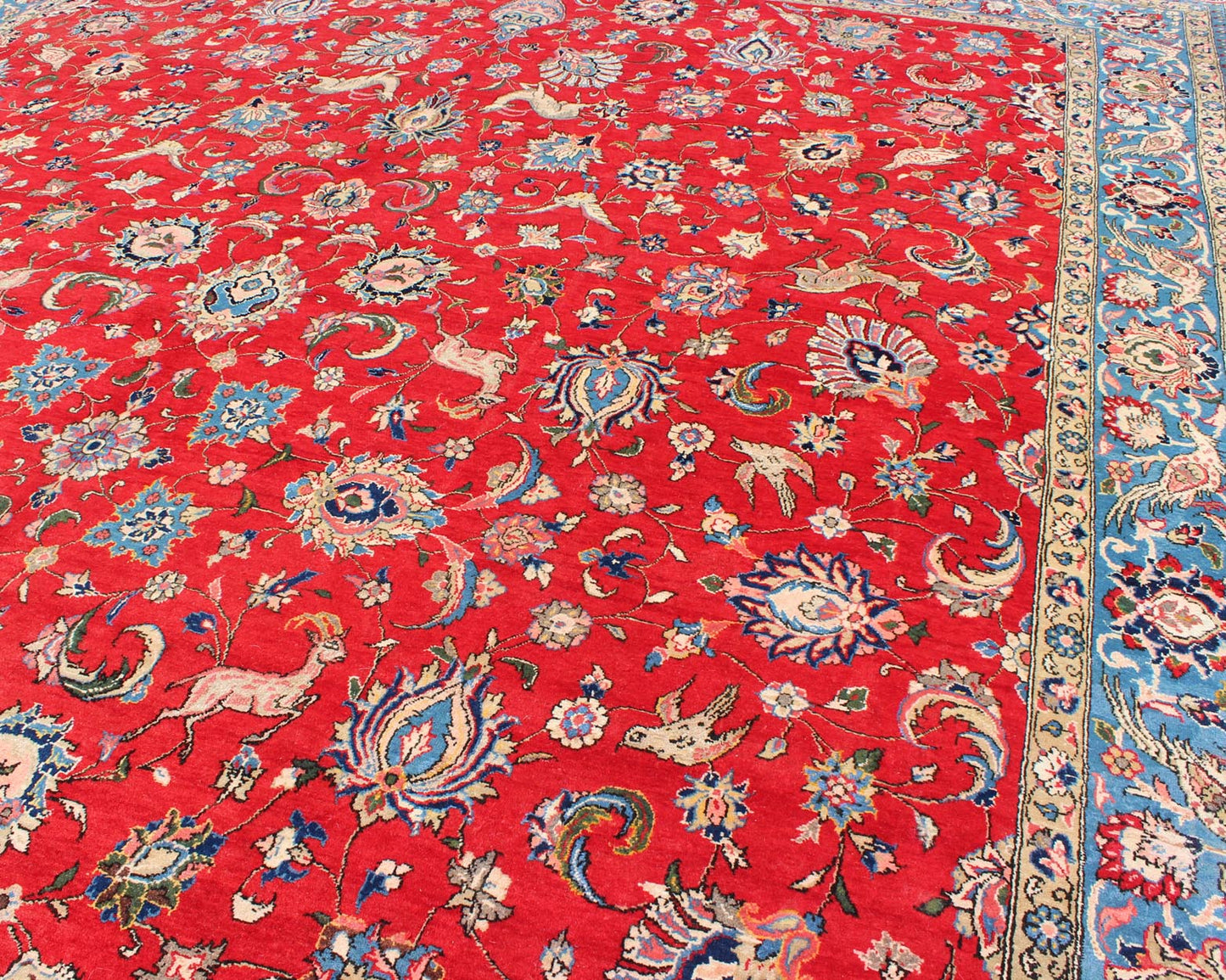 Vintage fine Persian Isfahan rug with all - over floral design, red background and Blue Border, rug h - 404 - 05, country of origin / type: Iran / Isfahan, circa 1950. This outstanding midcentury Persian Isfahan carpet is primarily characterized by it... - Keivan Woven ArtsH - 404 - 05 - 2171Rug