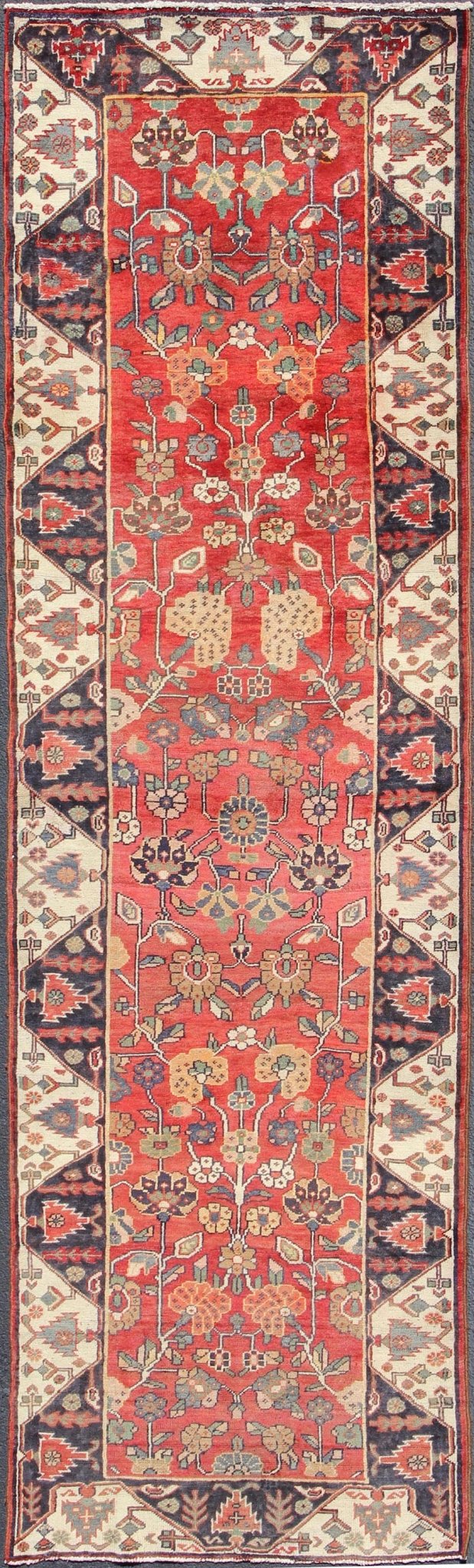 Keivan Woven Arts, H - 407 - 3, 1950's Vintage Karadjeh Runner Runner. Soft Red, black, and ivory vintage Persian Karadjeh runner with chevron border vining geometric floral designs, rug h - 407 - 3, country of origin / type: Iran / Karadjeh, circa 1950. Th... - Keivan Woven ArtsH - 407 - 3 - 2342Rug