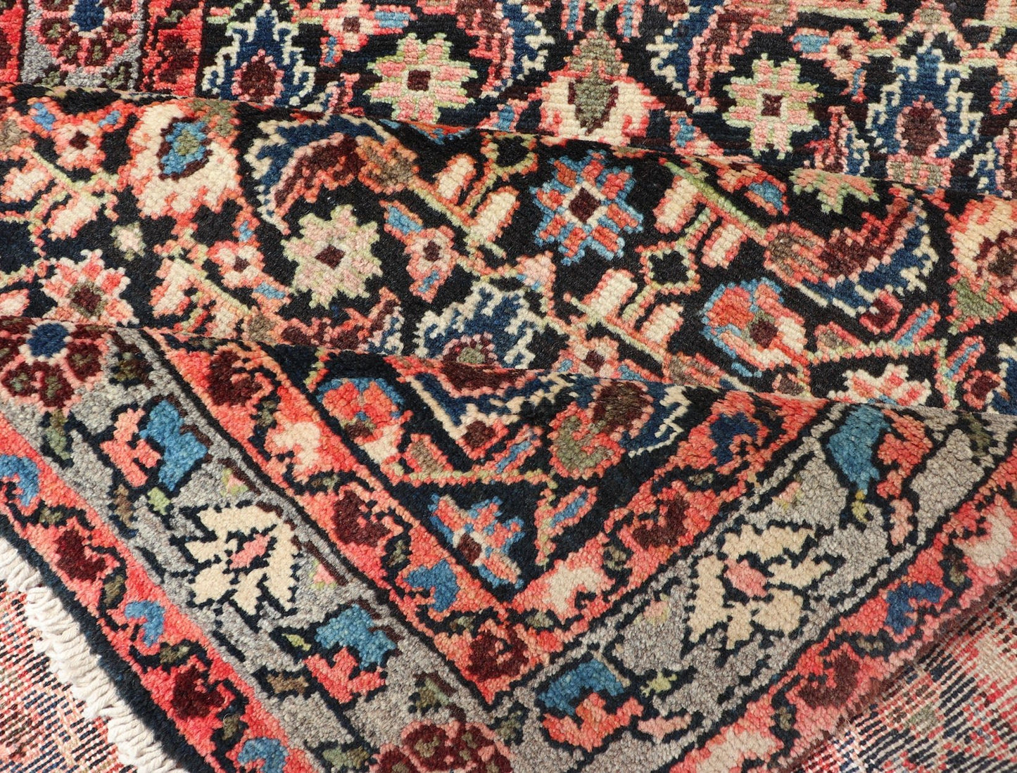 Antique Malayer runner with Dark Blue, Brown, Black, Khaki, Red, Green & Yellow, Sub - geometric repeating geometric design Antique Malayer runner with Dark Blue, Brown, Black and Beige along with red, Khaki, teal, soft orange, yellow, cream and light... - Keivan Woven ArtsH - 501 - 4 - 1342Rug