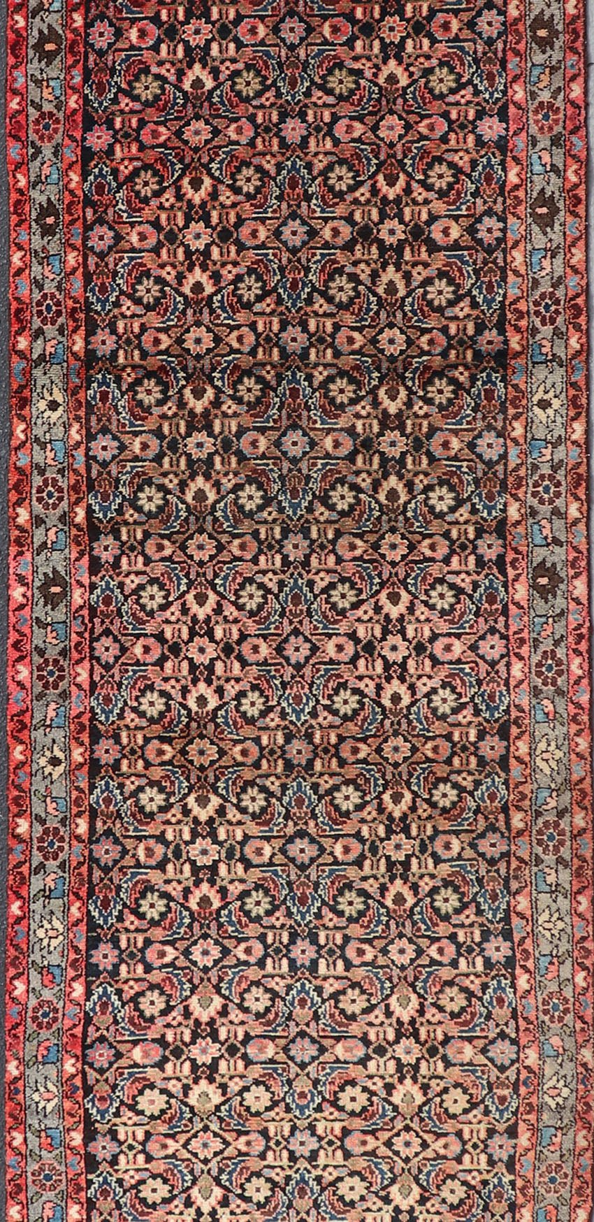 Antique Malayer runner with Dark Blue, Brown, Black, Khaki, Red, Green & Yellow, Sub - geometric repeating geometric design Antique Malayer runner with Dark Blue, Brown, Black and Beige along with red, Khaki, teal, soft orange, yellow, cream and light... - Keivan Woven ArtsH - 501 - 4 - 1342Rug