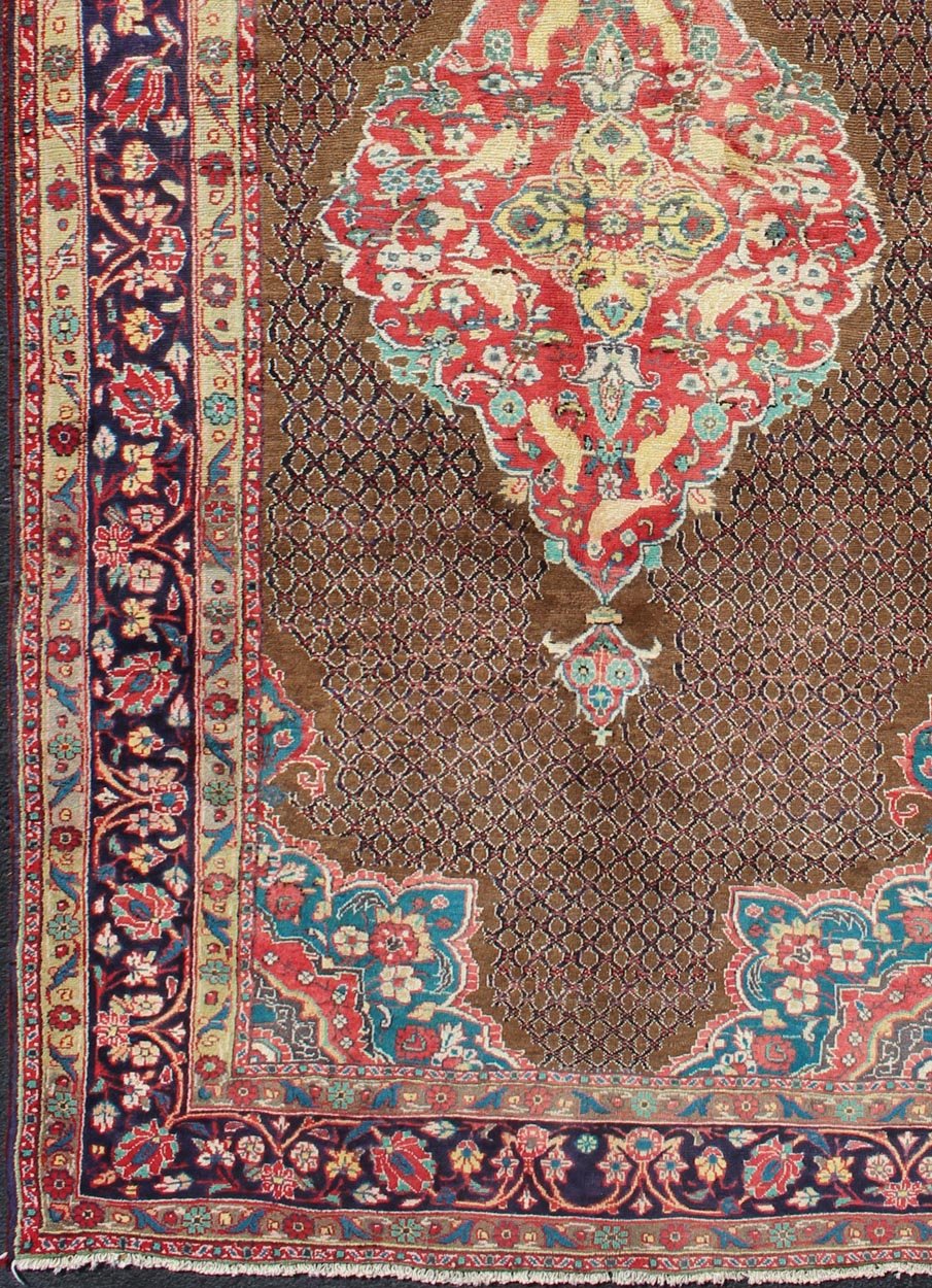 Camel Hair Vintage Persian Serab Rug in Brown, Red, Turquoise and Dark Blue Vintage Serab Persian Rug with Lattice Medallion, rug H - 501 - 48, country of origin / type: Persian / Serab, circa Mid - 20th Century. Measures: 4'10'' x 10'1''. ... - Keivan Woven ArtsH - 501 - 48 - 1237Rug