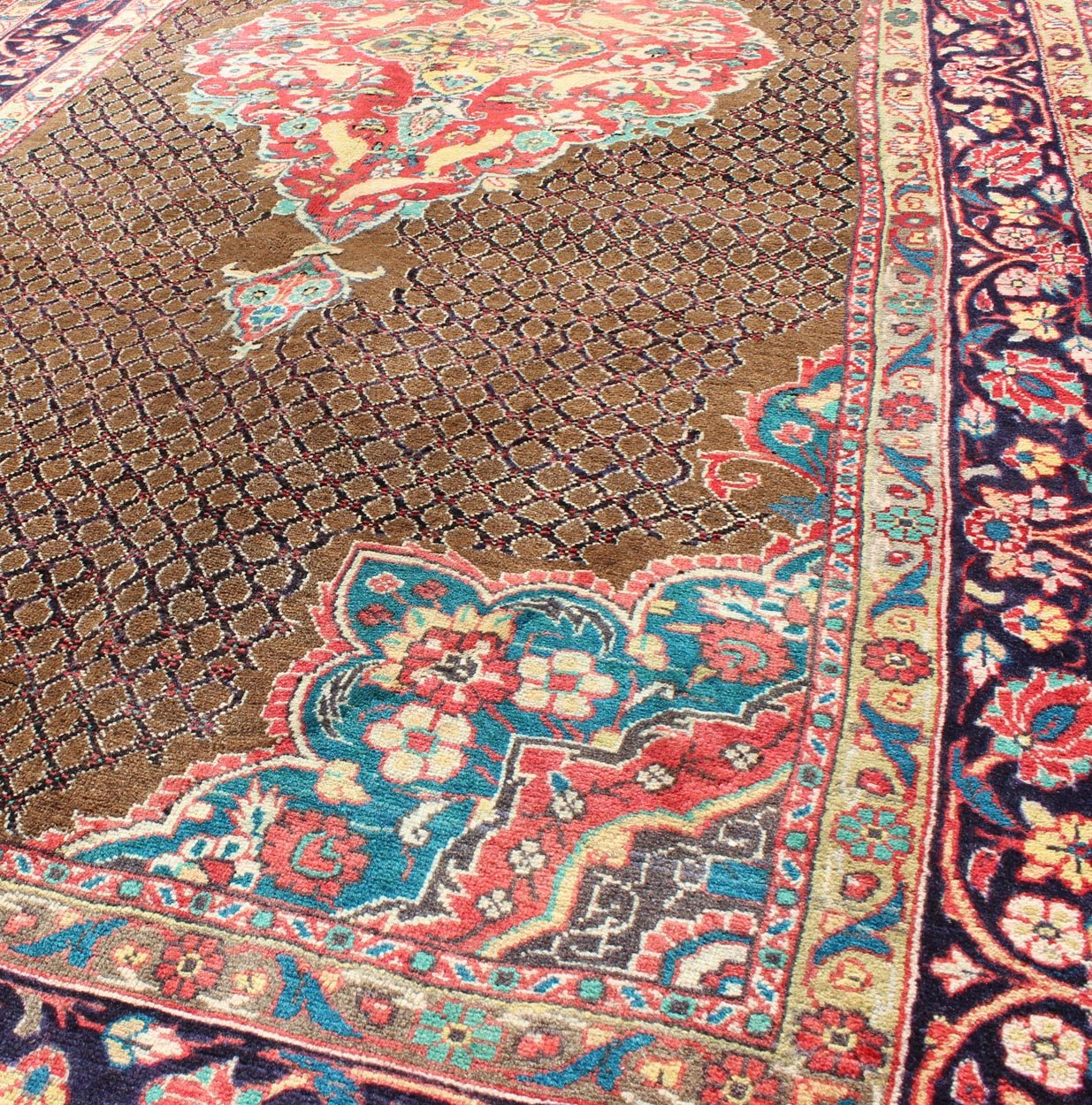Camel Hair Vintage Persian Serab Rug in Brown, Red, Turquoise and Dark Blue Vintage Serab Persian Rug with Lattice Medallion, rug H - 501 - 48, country of origin / type: Persian / Serab, circa Mid - 20th Century. Measures: 4'10'' x 10'1''. ... - Keivan Woven ArtsH - 501 - 48 - 1237Rug