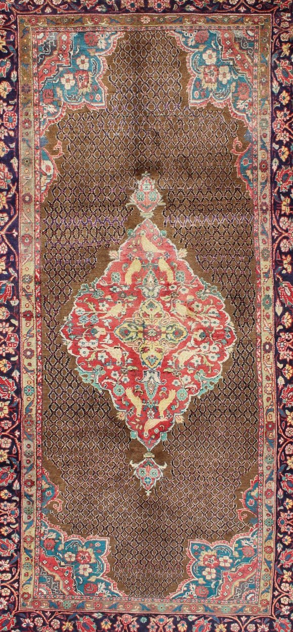 Camel Hair Vintage Persian Serab Rug in Brown, Red, Turquoise and Dark Blue Vintage Serab Persian Rug with Lattice Medallion, rug H - 501 - 48, country of origin / type: Persian / Serab, circa Mid - 20th Century. Measures: 4'10'' x 10'1''. ... - Keivan Woven ArtsH - 501 - 48 - 1237Rug