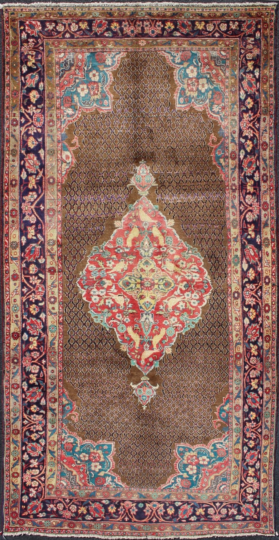 Camel Hair Vintage Persian Serab Rug in Brown, Red, Turquoise and Dark Blue Vintage Serab Persian Rug with Lattice Medallion, rug H - 501 - 48, country of origin / type: Persian / Serab, circa Mid - 20th Century. Measures: 4'10'' x 10'1''. ... - Keivan Woven ArtsH - 501 - 48 - 1237Rug