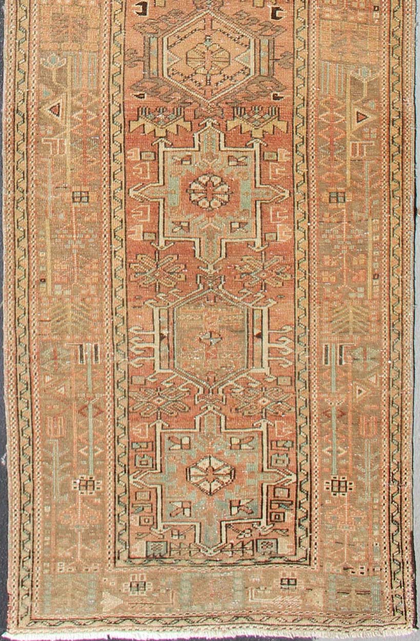 Soft Red or Salmon, Long Persian Heriz Runner with Geometric Medallions kwarugs Multi - Medallion Persian Runner in Geometric Design, rug h - 504 - 09, country of origin / type: Iran / Heriz, circa 1950 This vintage Persian Heriz runner feature... - Keivan Woven ArtsH - 504 - 09 - 10279Rug
