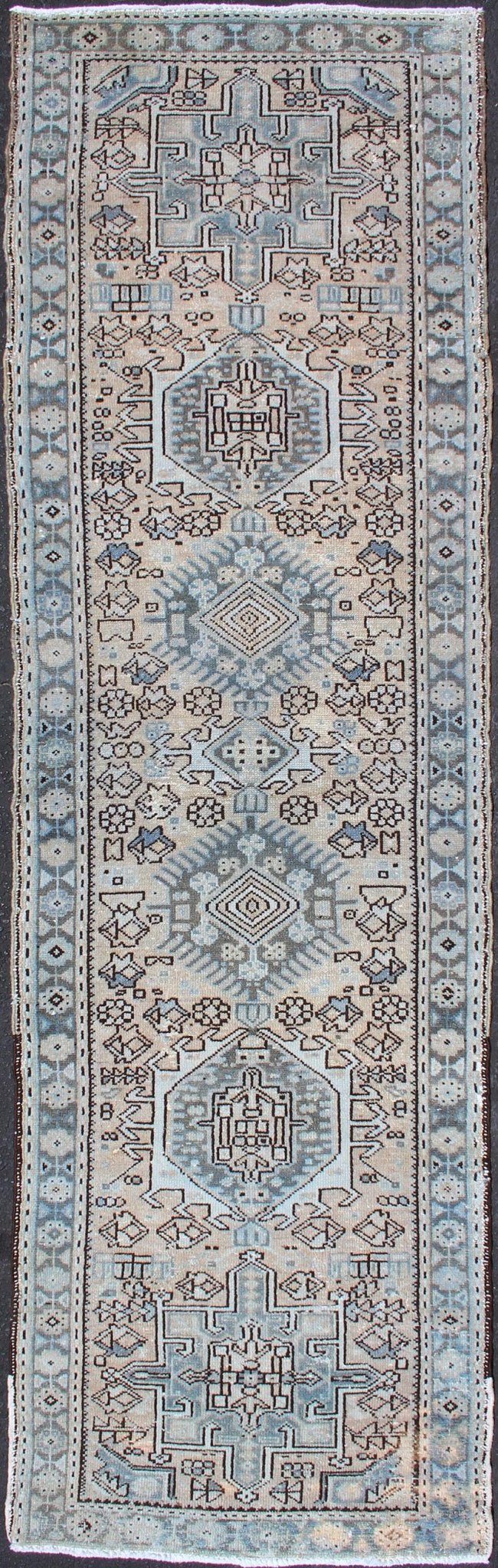 Vintage Persian Karadjeh Short Runner With Geometric Motifs. Karadjeh Vintage Runner with Multi - Medallion Design from Persia, Keivan Woven Arts / rug H - 507 - 24, country of origin / type: Iran / Karadjeh, circa 1950 This Persian Karadjeh from the ... - Keivan Woven ArtsH - 507 - 24 - 1308Rug