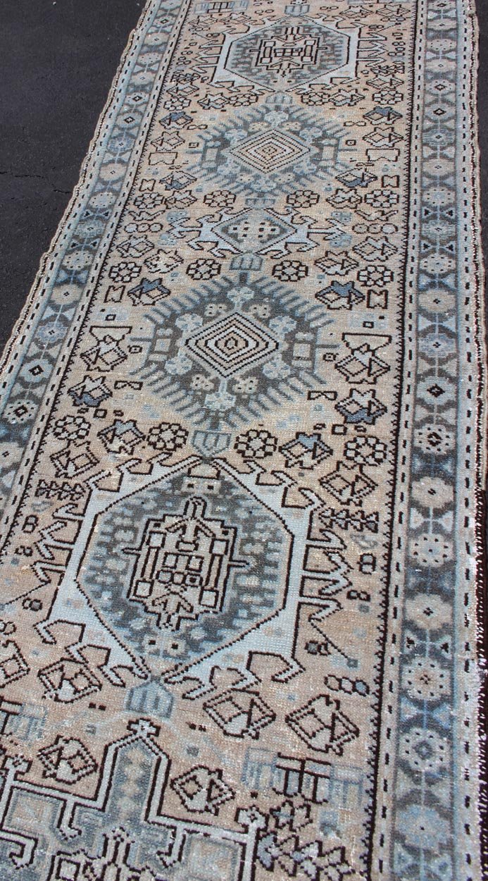 Vintage Persian Karadjeh Short Runner With Geometric Motifs. Karadjeh Vintage Runner with Multi - Medallion Design from Persia, Keivan Woven Arts / rug H - 507 - 24, country of origin / type: Iran / Karadjeh, circa 1950 This Persian Karadjeh from the ... - Keivan Woven ArtsH - 507 - 24 - 1308Rug
