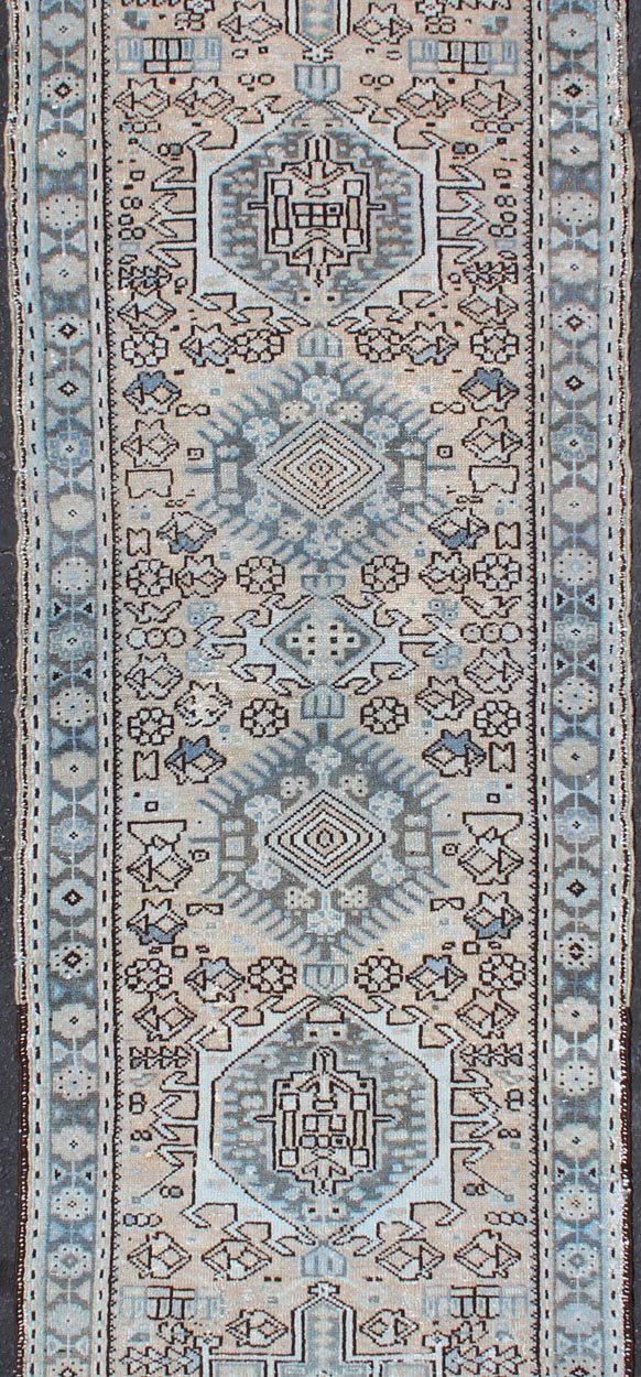 Vintage Persian Karadjeh Short Runner With Geometric Motifs. Karadjeh Vintage Runner with Multi - Medallion Design from Persia, Keivan Woven Arts / rug H - 507 - 24, country of origin / type: Iran / Karadjeh, circa 1950 This Persian Karadjeh from the ... - Keivan Woven ArtsH - 507 - 24 - 1308Rug