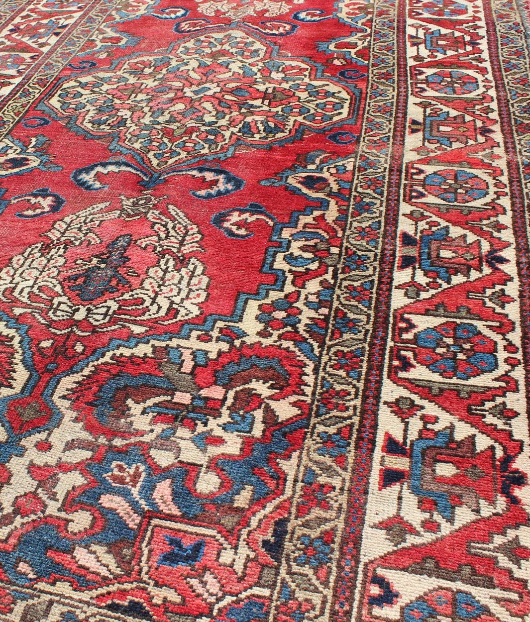 Keivan Woven Arts, H - 508 - 03, 1950's, Vintage Bakhtiari Medallion Rug with Ornate Central Medallion and Rich Red Blue. This vintage multicolored Persian Bakhtiari rug from mid - 20th Century Iran features a red background and central medallion flanked ... - Keivan Woven ArtsH - 508 - 03 - 1255Rug