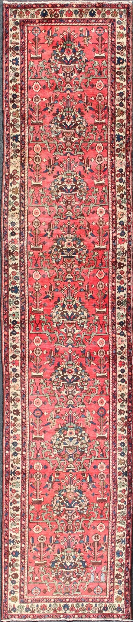 Very Long Semi Antique Persian Runner in Red Field and Green and Ivory Borders. Long Hand - Knotted Persian Runner, rug H - 602 - 37, country of origin / type: Persian / Malayer, circa mid - 20th century This Persian Hamadan long runner from mid - 20t... - Keivan Woven ArtsH - 602 - 37 - 1348Rug