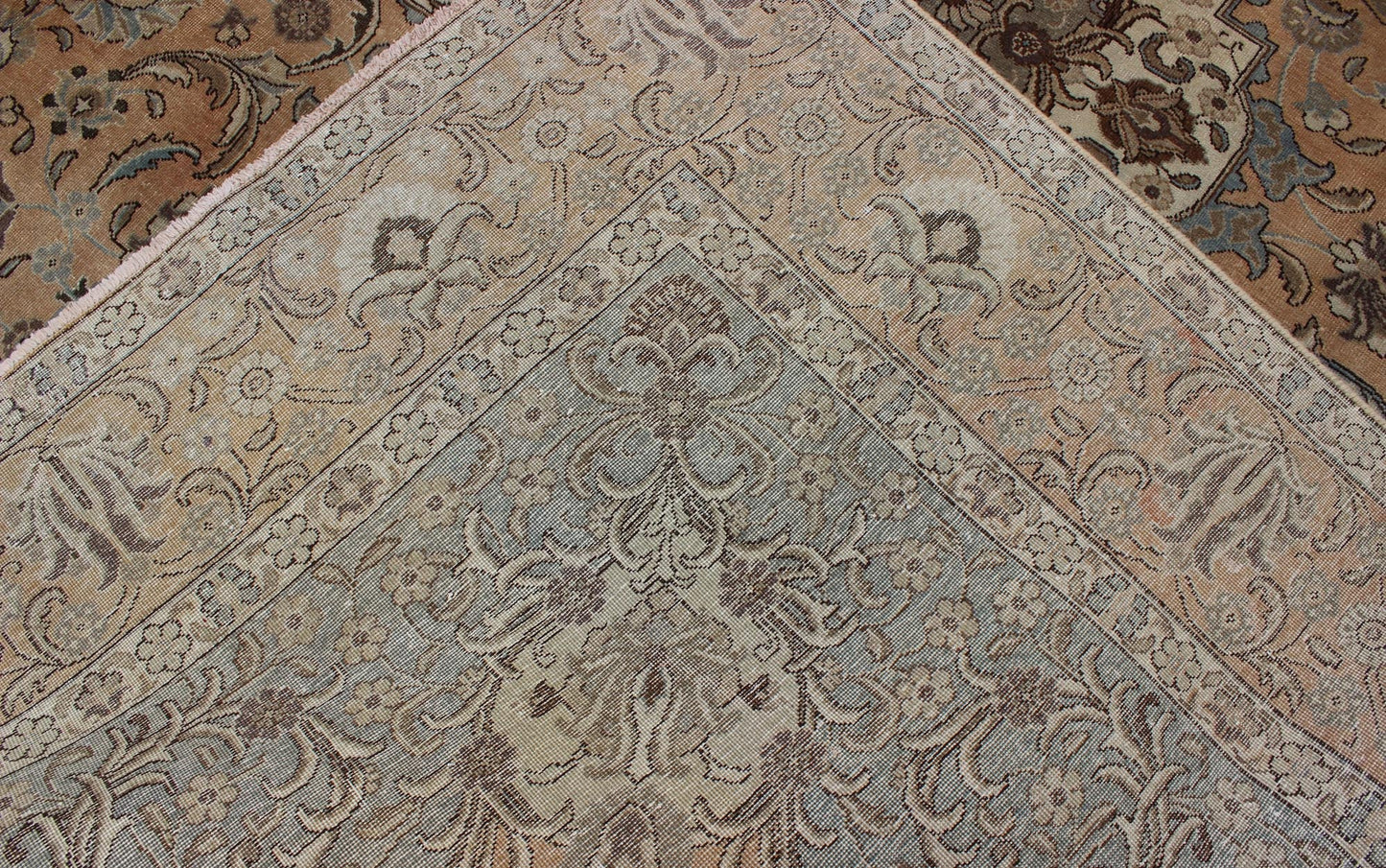 Keivan Woven Arts, H - 703 - 04, 1930s Antique Tabriz Rug - This 1940's hand - knotted Semi Antique Tabriz carpet features an elaborate medallion and intricate design in blue - gray, camel, brown, and beige. 9'3 X 12'7 - Keivan Woven ArtsH - 703 - 04 - 4024Rug