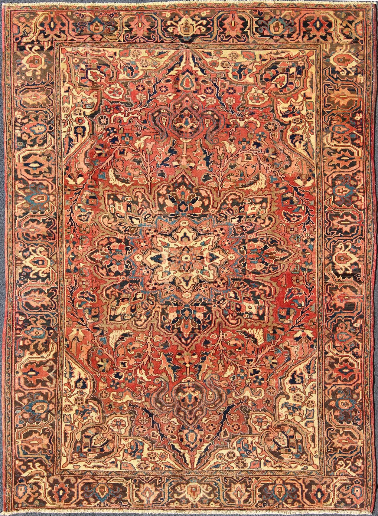 Vintage Persian Heriz With Large Medallion in Soft Red, Navy Blue, Light Blue and Cream Colors H - 711 - 03 Vintage Persian heriz. Layered Medallion design Heriz vintage rug in multi - colors. This vintage Persian Heriz , from Azerbaijan in northwest Ira... - Keivan Woven ArtsH - 711 - 03 - 2175Rug