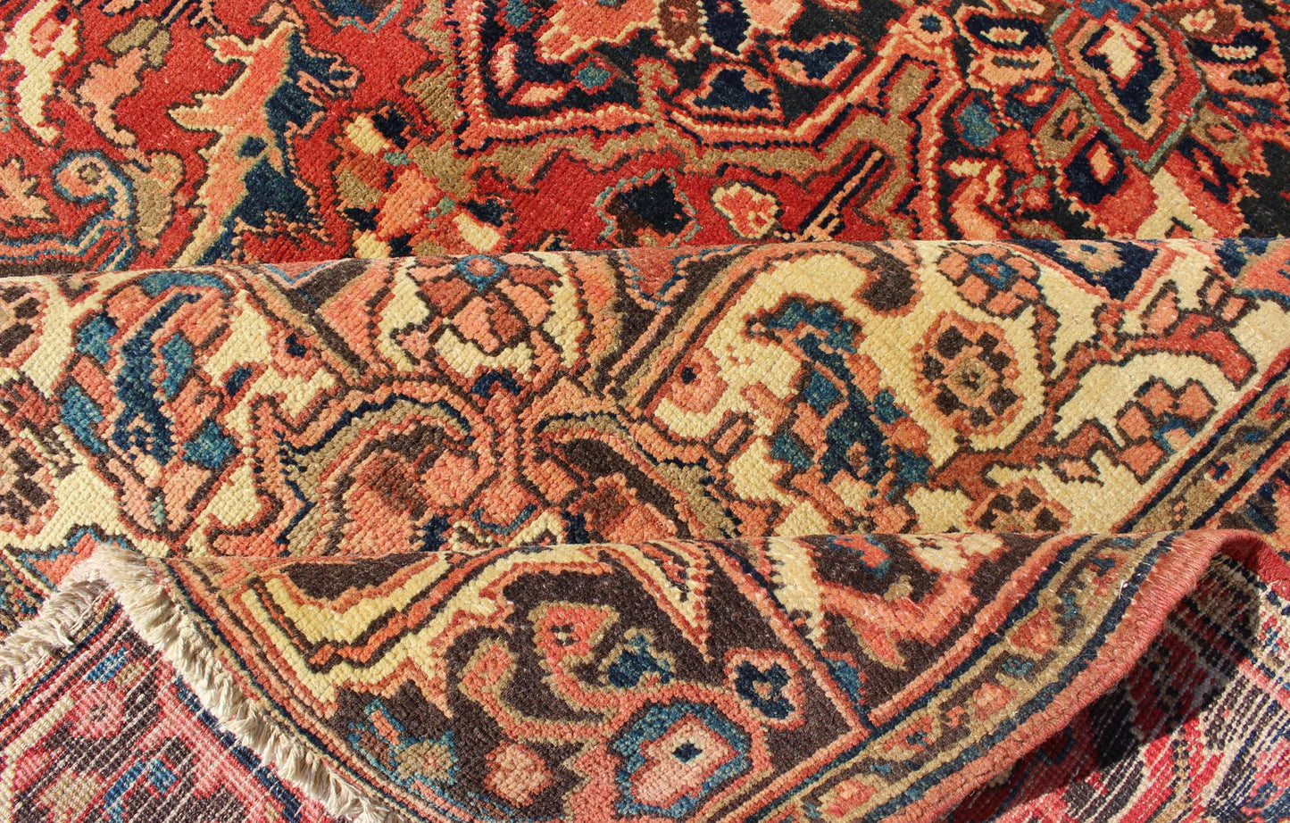 Vintage Persian Heriz With Large Medallion in Soft Red, Navy Blue, Light Blue and Cream Colors H - 711 - 03 Vintage Persian heriz. Layered Medallion design Heriz vintage rug in multi - colors. This vintage Persian Heriz , from Azerbaijan in northwest Ira... - Keivan Woven ArtsH - 711 - 03 - 2175Rug
