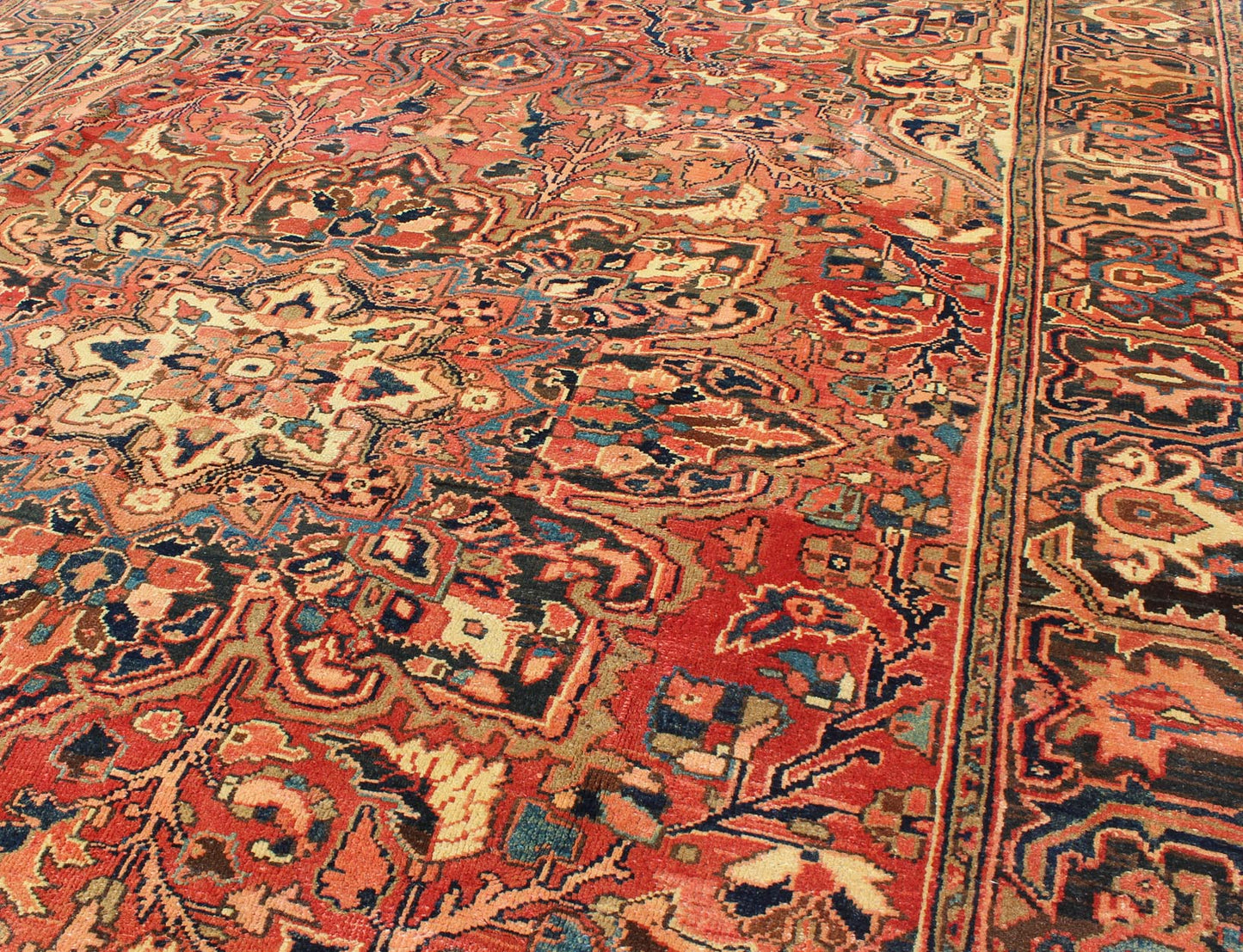 Vintage Persian Heriz With Large Medallion in Soft Red, Navy Blue, Light Blue and Cream Colors H - 711 - 03 Vintage Persian heriz. Layered Medallion design Heriz vintage rug in multi - colors. This vintage Persian Heriz , from Azerbaijan in northwest Ira... - Keivan Woven ArtsH - 711 - 03 - 2175Rug
