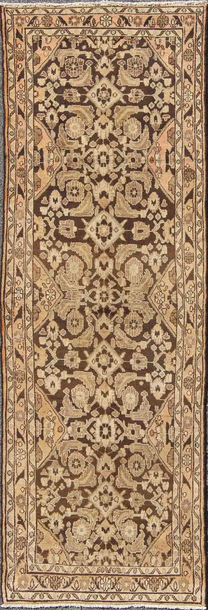 Vintage Hamedan with Intricate Flowers and Vines in Earth Tones This magnificent Hamedan features beautiful earth colors and tones. The border consists of intricate flowers connected by vines. The main part of the rug has a wonderful pattern con... - Keivan Woven ArtsH - 903 - 08 - 2376Rug