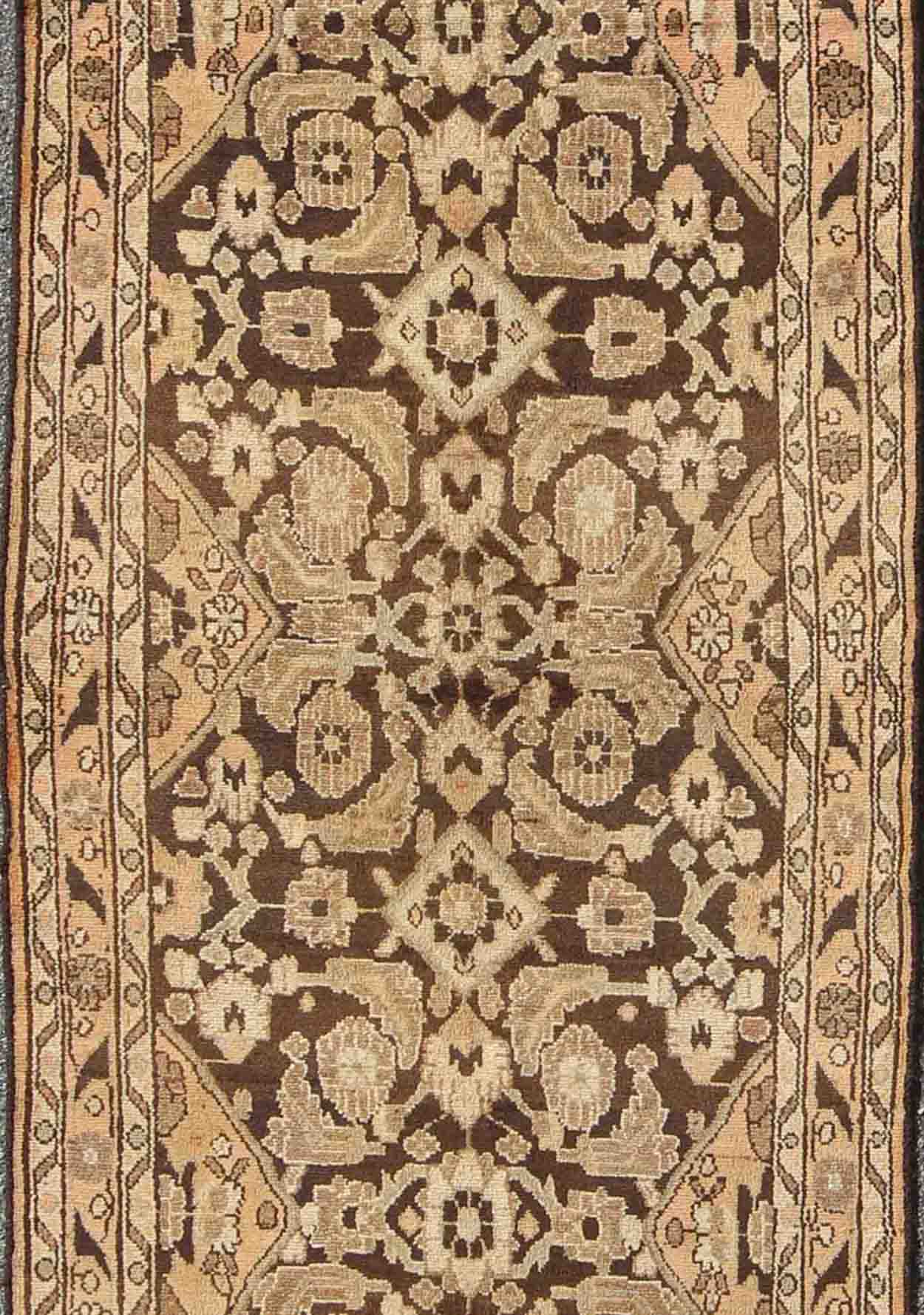 Vintage Hamedan with Intricate Flowers and Vines in Earth Tones This magnificent Hamedan features beautiful earth colors and tones. The border consists of intricate flowers connected by vines. The main part of the rug has a wonderful pattern con... - Keivan Woven ArtsH - 903 - 08 - 2376Rug