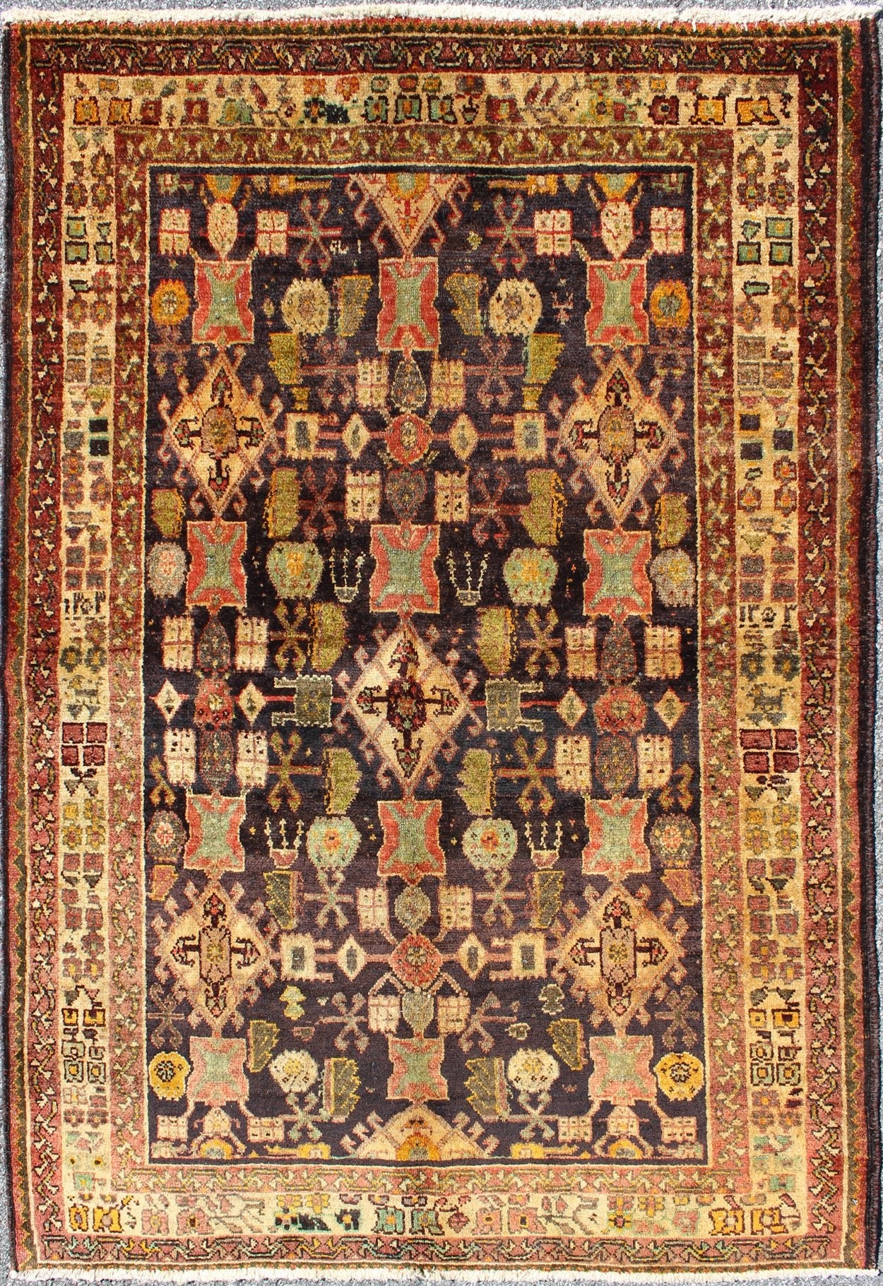 Vintage Persian Gabbeh carpet with all - over geometric Design and Midnight Field, rug h - 905 - 07, country of origin / type: Iran / Tribal, circa 1940 This dazzling Vintage Persian Gabbeh rug bears a remarkable all - over geometric design paired with ... - Keivan Woven ArtsH - 905 - 07 - 1229Rug