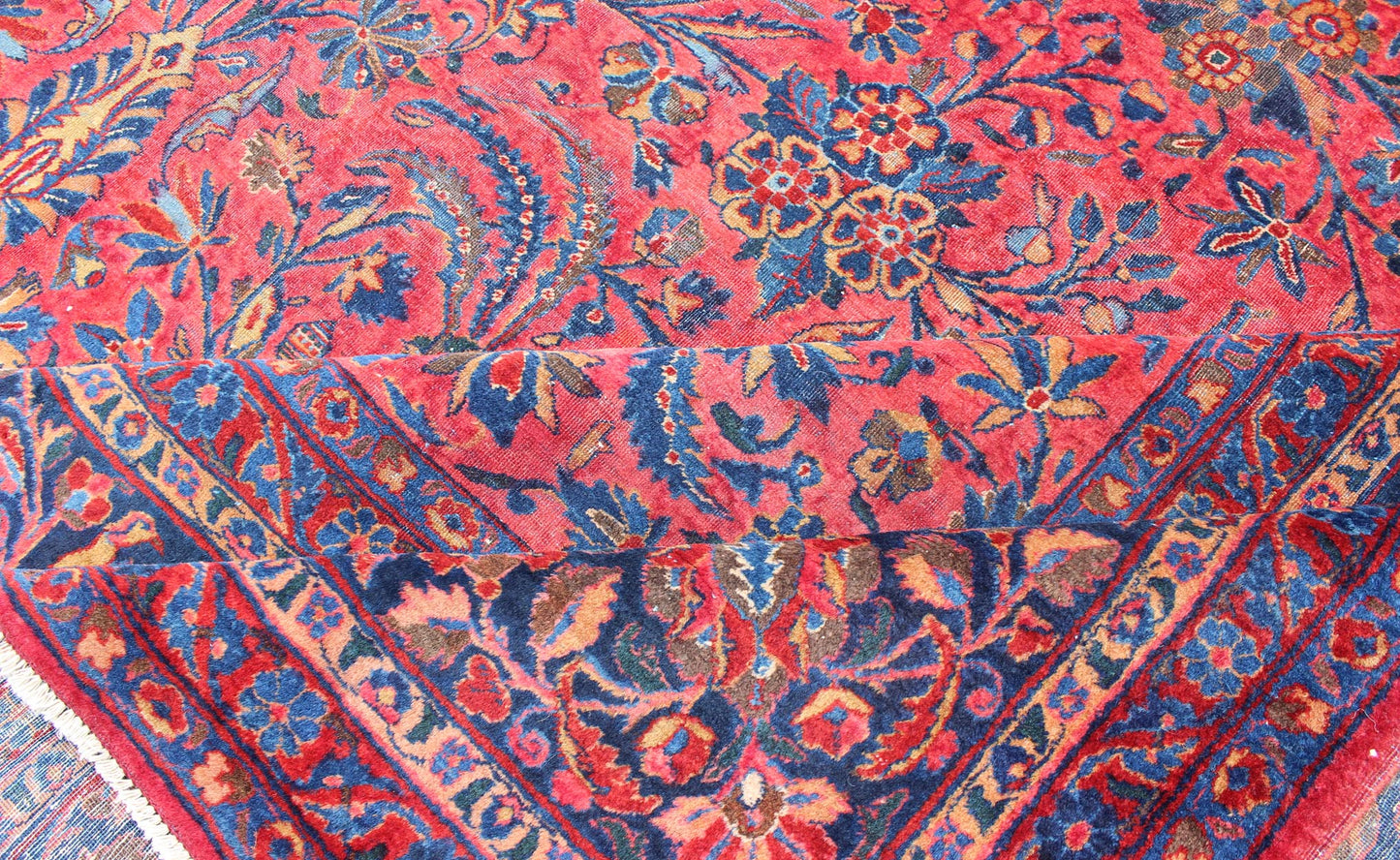Antique Persian Kashan Rug With a All - Over Design On A Red Field and Blue Border. Keivan Woven Arts / Rug H8 - 0102, country of origin / type: Persian / Kashan, circa early - 20th century. Measures: 10'6'' x 13'10''. This Antique Kashan carpet, feat... - Keivan Woven ArtsH8 - 0102 - 557Rug