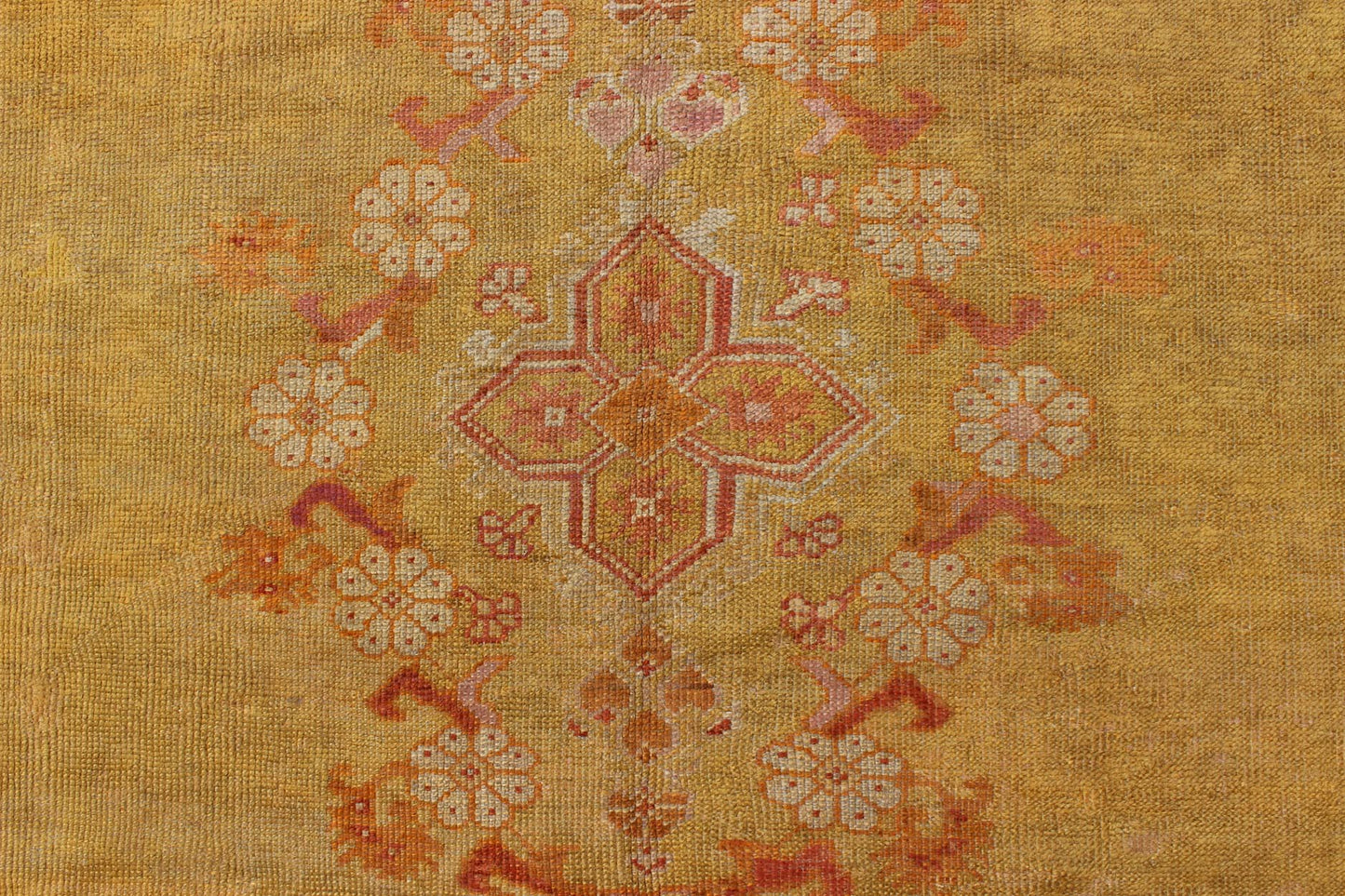 Antique Oushak Rug in Yellow Green Background, Pink Border, Red & Orange Accents. Antique Oushak rug in yellow green background, pink border, red and orange accents, Keivan Woven Arts/rug / H8 - 0403, Green antique Oushak Measures: 7'10 x... - Keivan Woven ArtsH8 - 0403 - 1867Rug