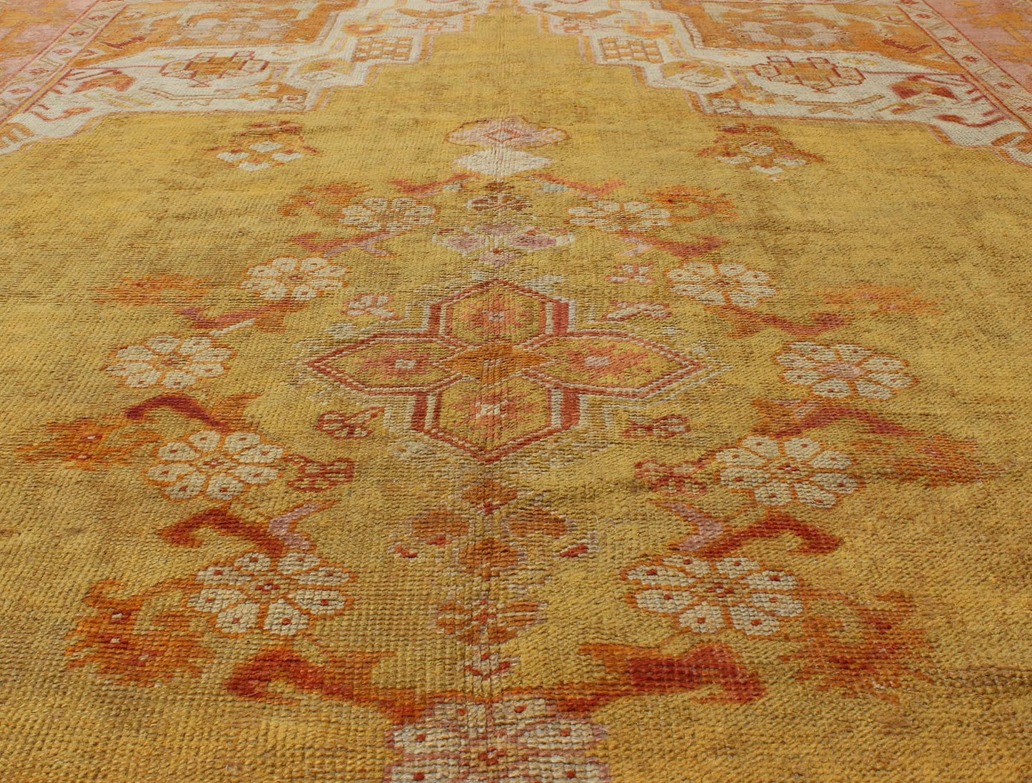 Antique Oushak Rug in Yellow Green Background, Pink Border, Red & Orange Accents. Antique Oushak rug in yellow green background, pink border, red and orange accents, Keivan Woven Arts/rug / H8 - 0403, Green antique Oushak Measures: 7'10 x... - Keivan Woven ArtsH8 - 0403 - 1867Rug